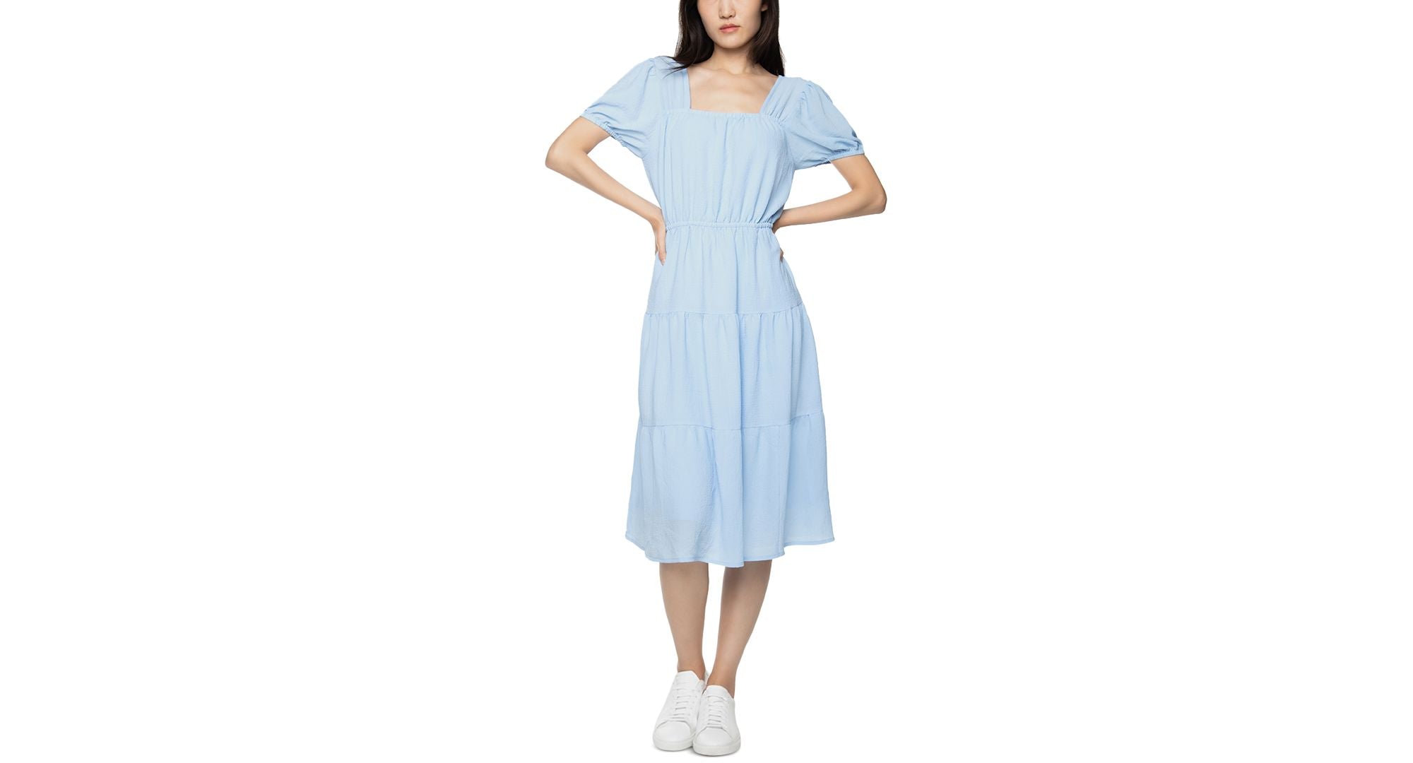 Black Tape Puff Sleeve Tiered Midi Dress