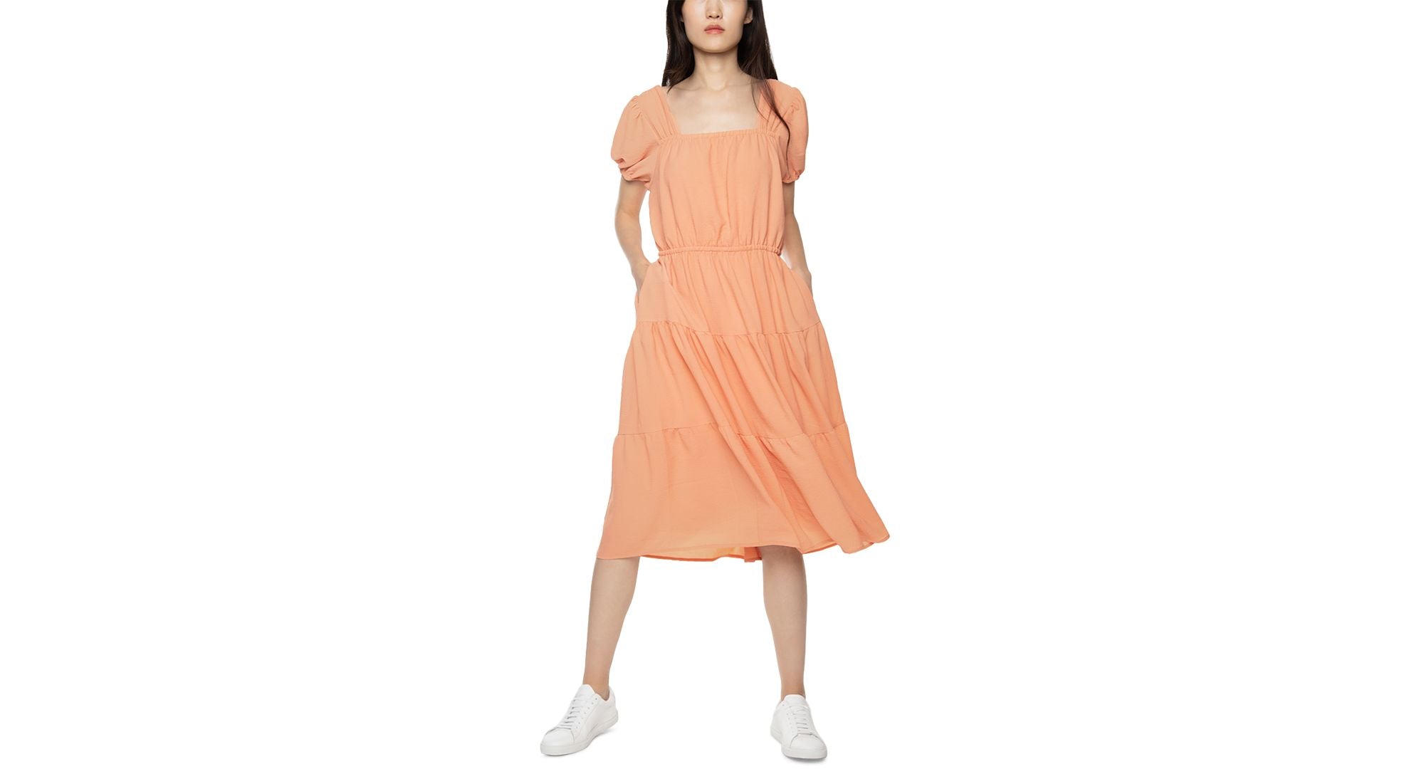 Black Tape Puff Sleeve Tiered Midi Dress