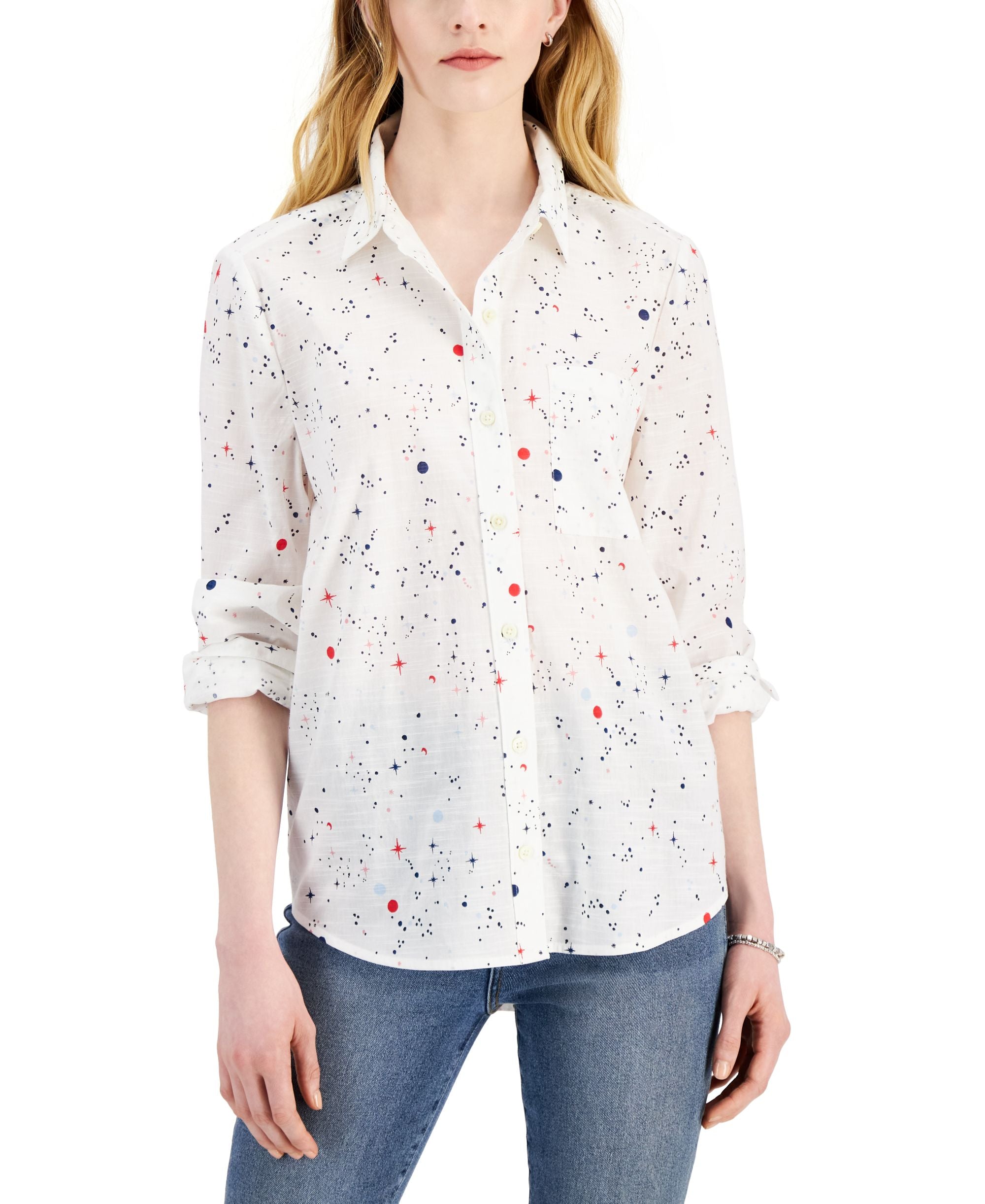 Style & Co Womens Cotton Printed Button Front Shirt