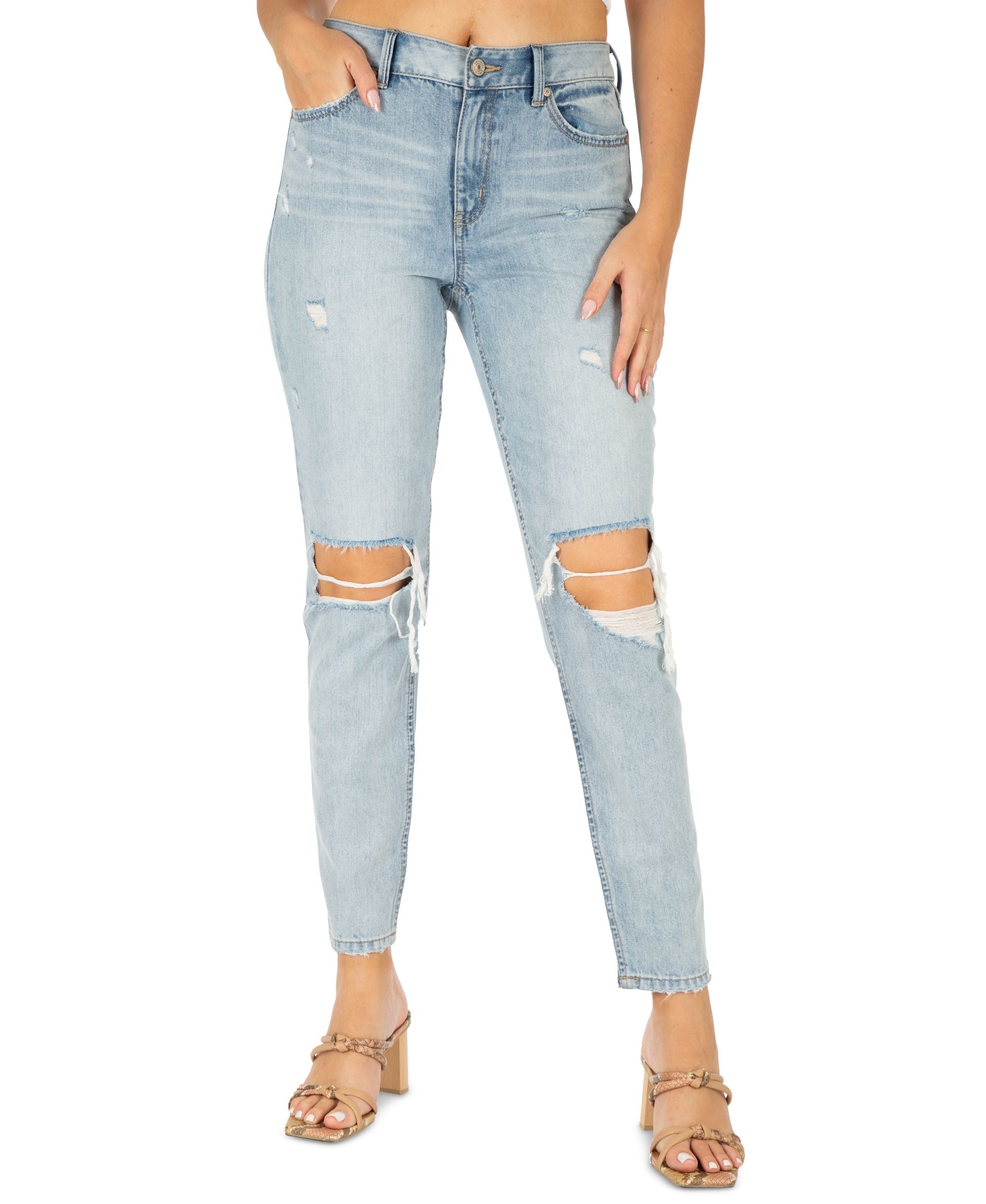 Juniors' Distressed High-Rise Mom Jeans