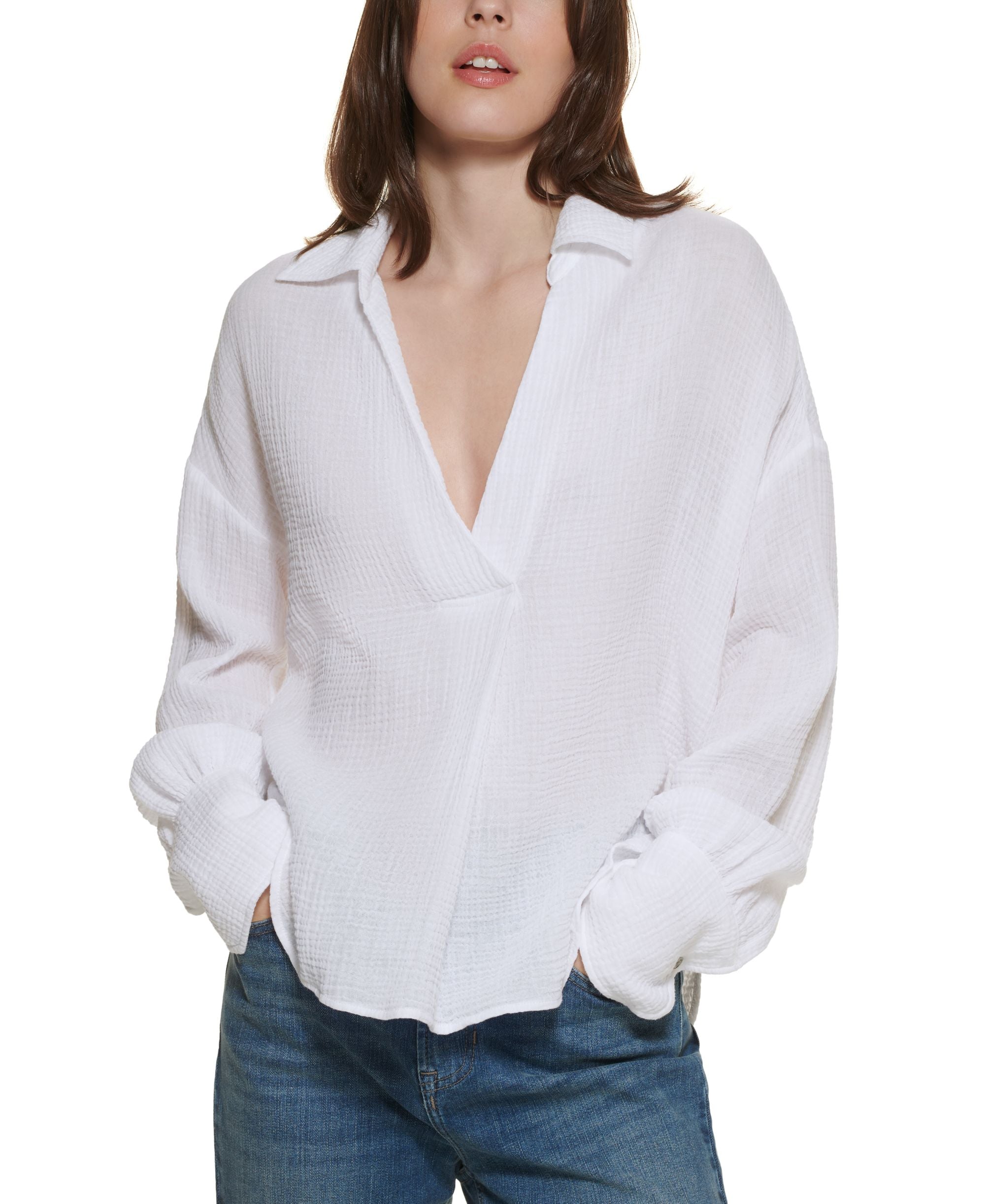 DKNY Jeans Collared V Neck Cotton Top