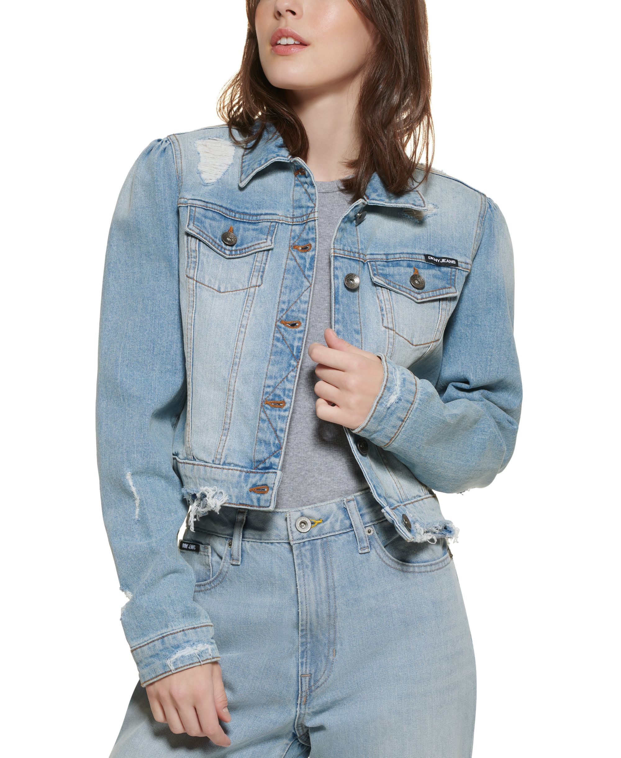 DKNY Jeans Puff Sleeve Distressed Denim Jacket