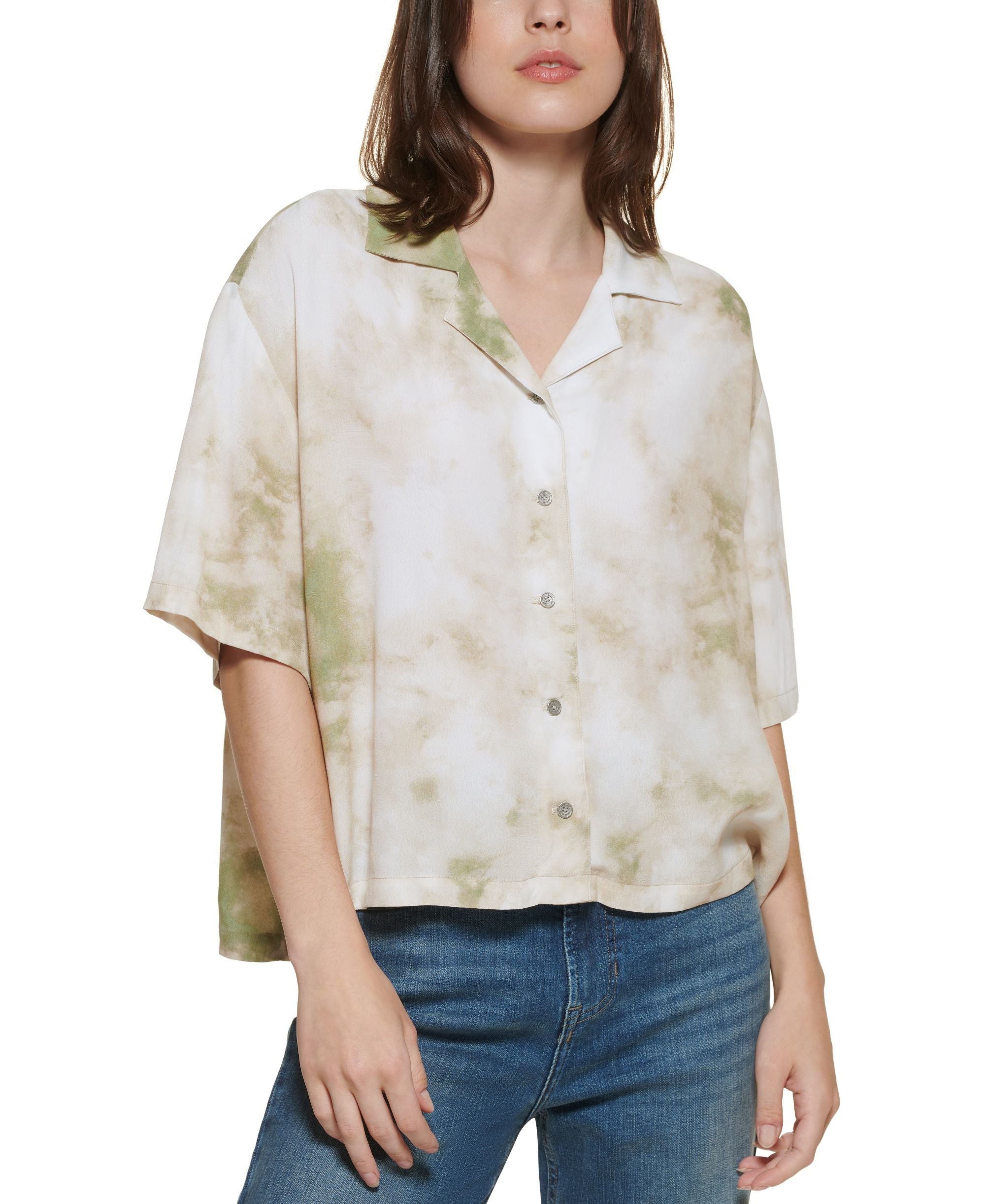 DKNY Jeans Printed Elbow Sleeve Button Front Top