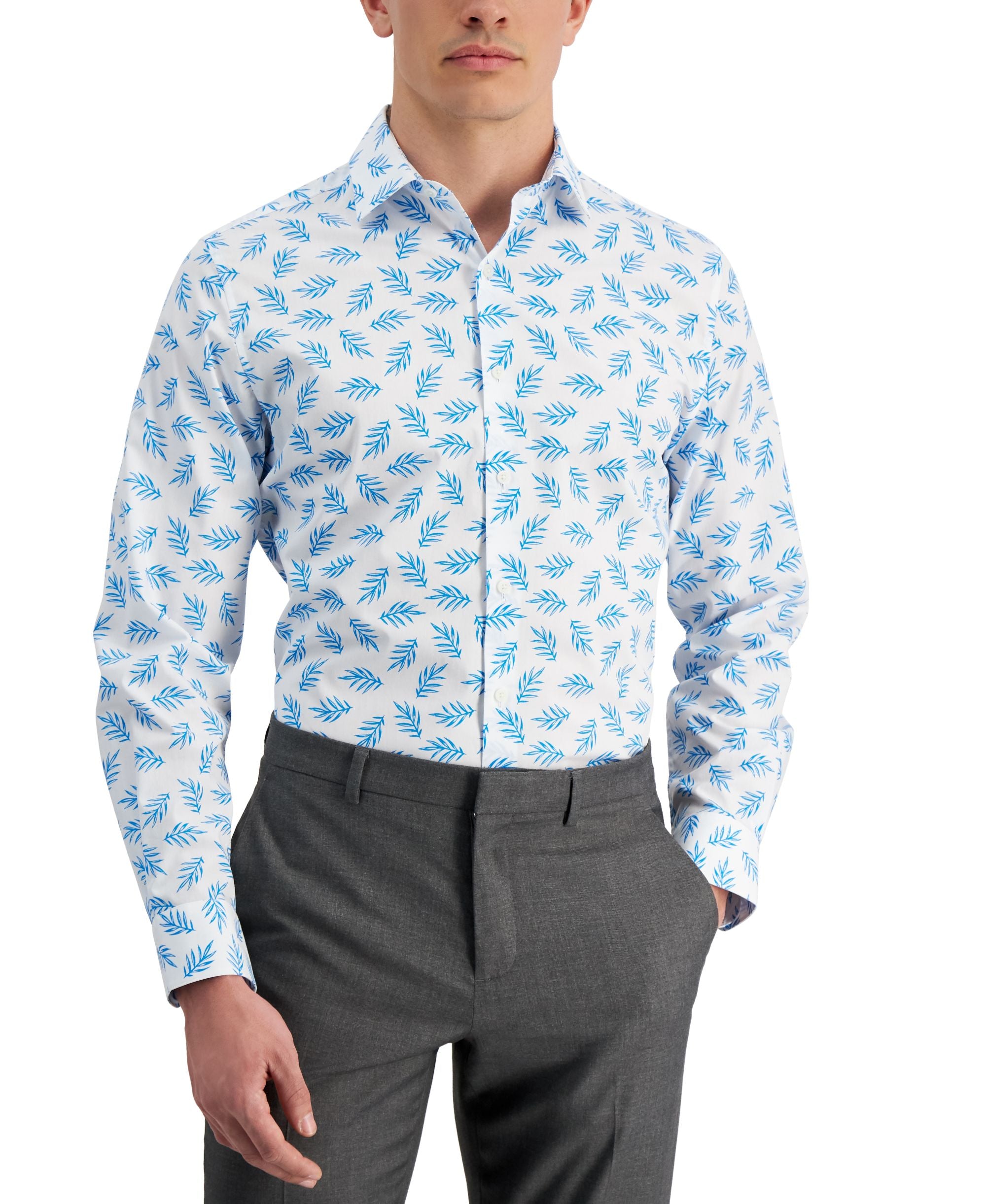 Bar III Mens Slim Fit Leaf Print Dress Shirt