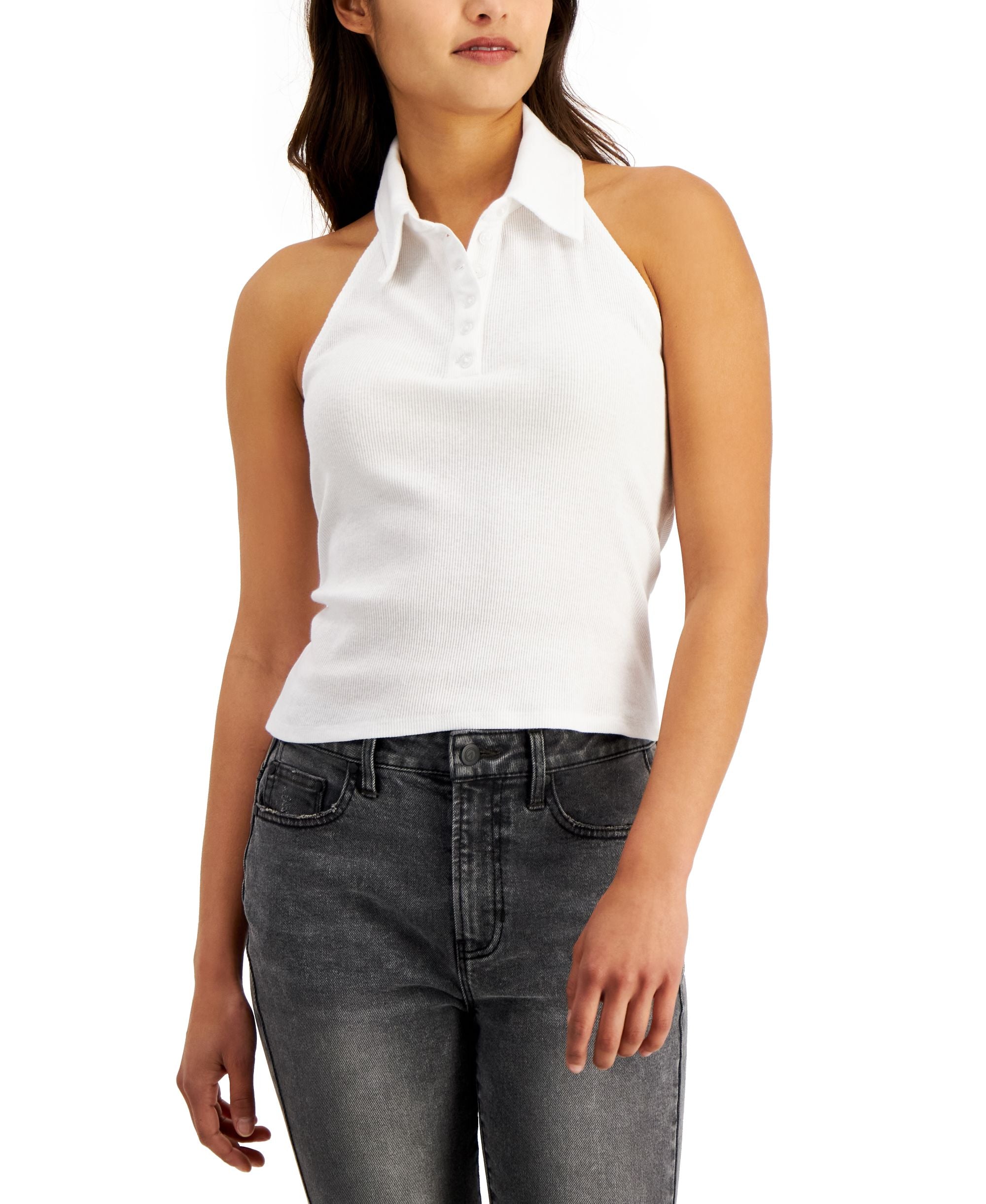 Juniors' Halter Ribbed Polo Tank Top