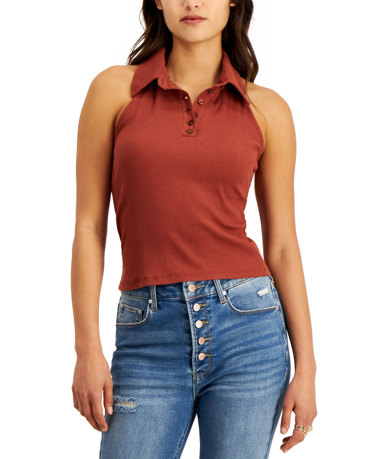 Juniors' Halter Ribbed Polo Tank Top
