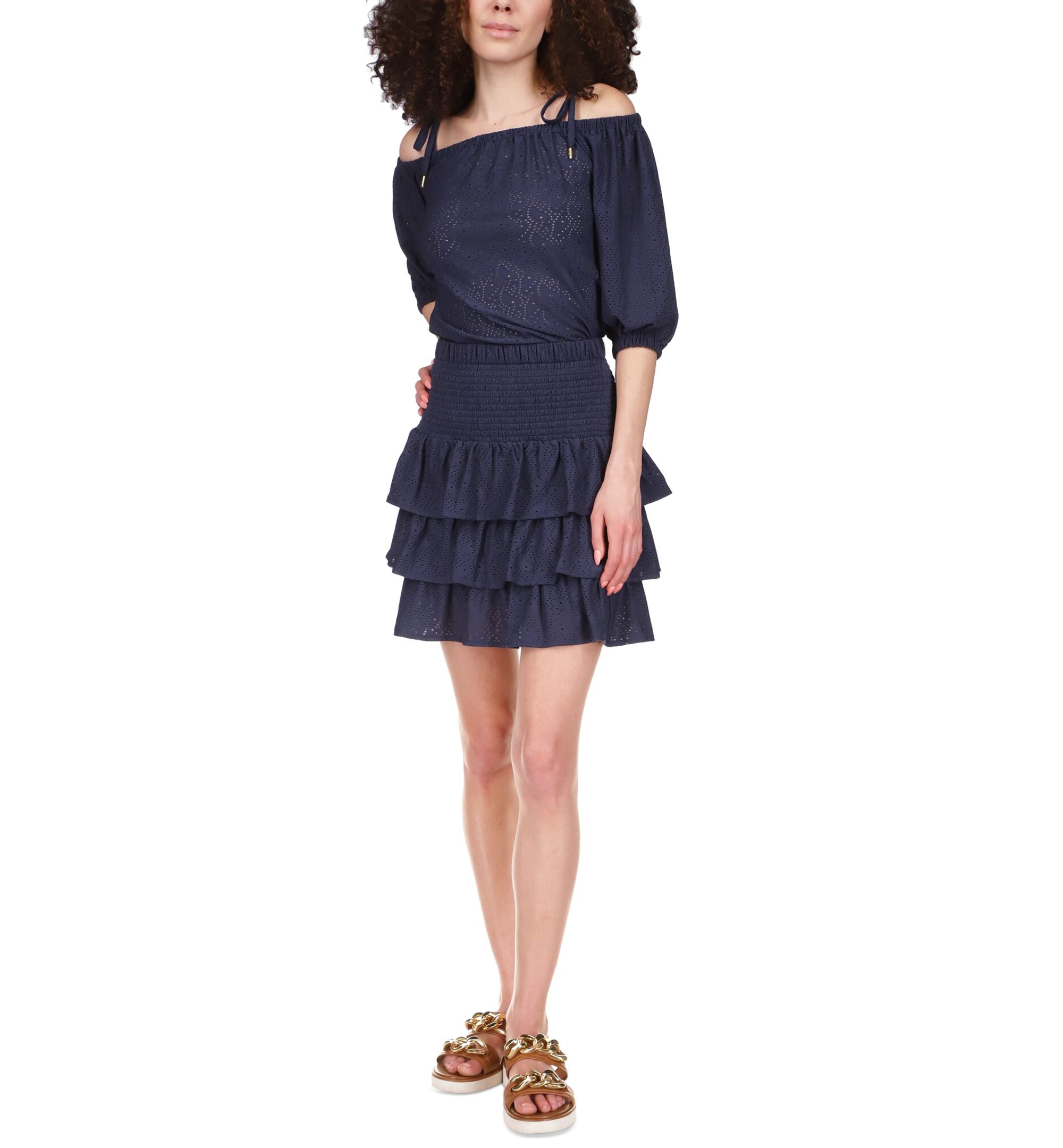 MICHAEL KORS Womens Eyelet Smocked Tiered Lined Ruffled Pull On Above The Knee A-Line Skirt