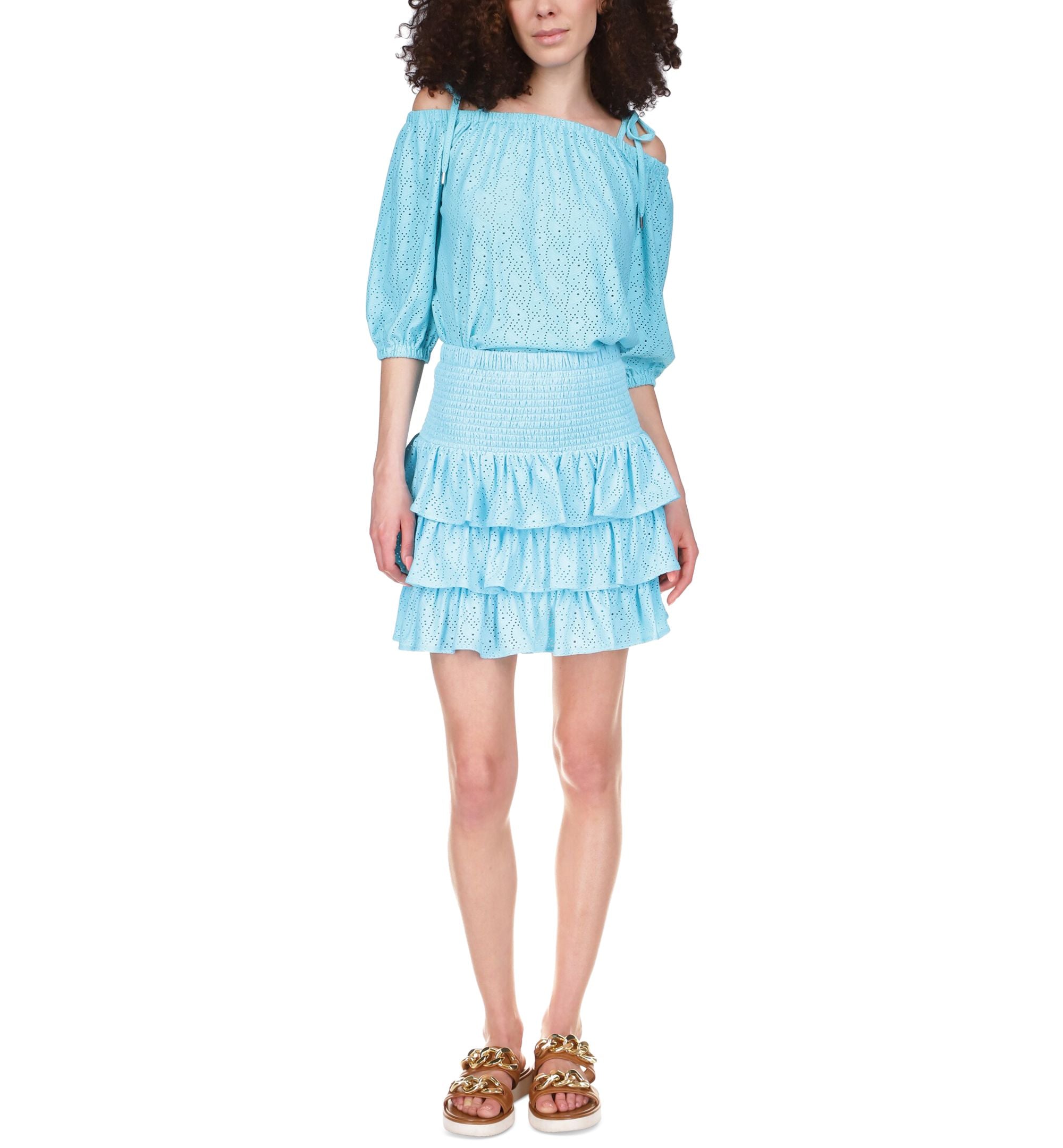 MICHAEL KORS Womens Eyelet Smocked Tiered Lined Ruffled Pull On Above The Knee A-Line Skirt