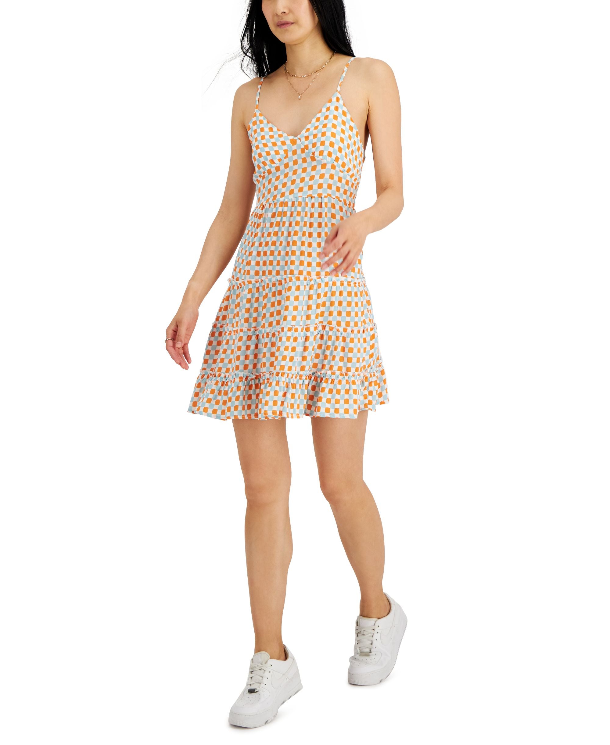 Juniors' Printed V-Neck Tiered Dress