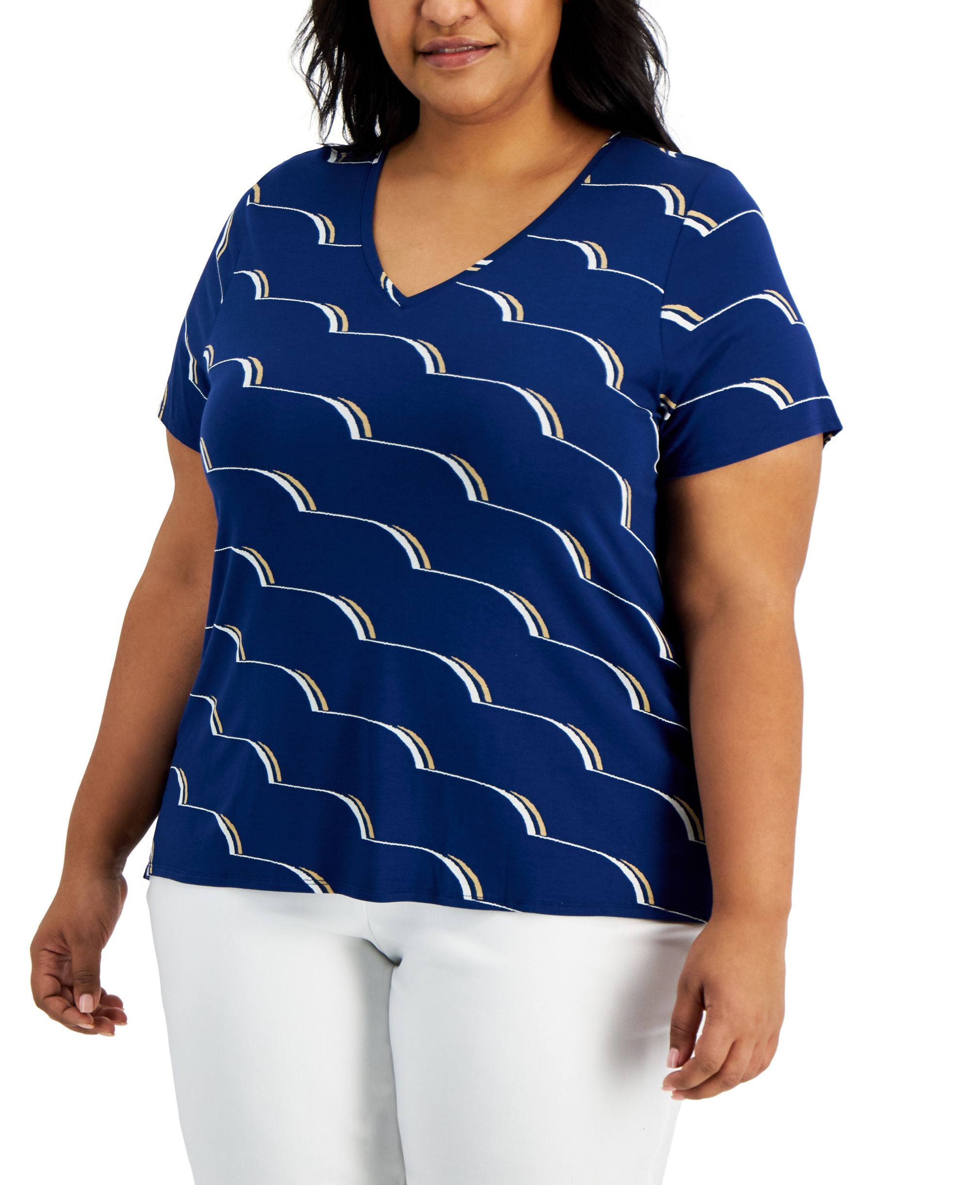 Alfani Plus Size Printed V Neck Jersey Top