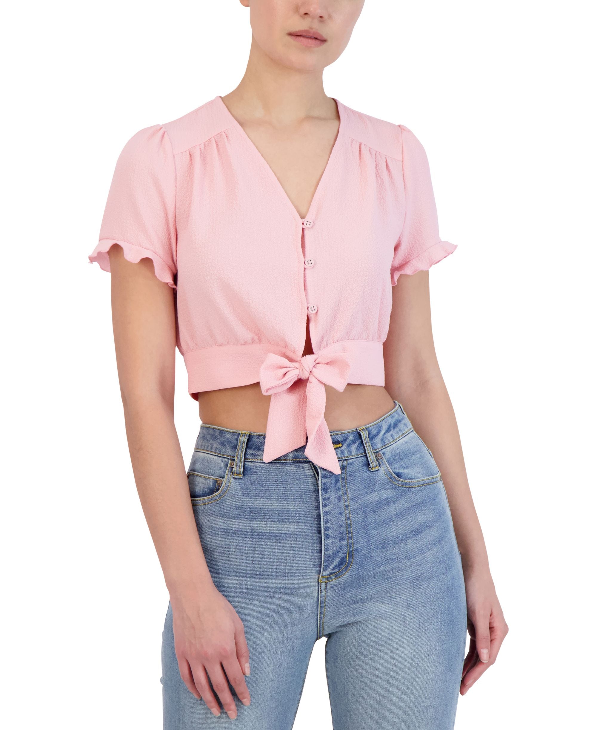 Short-Sleeve Tie-Front Button Shirt
