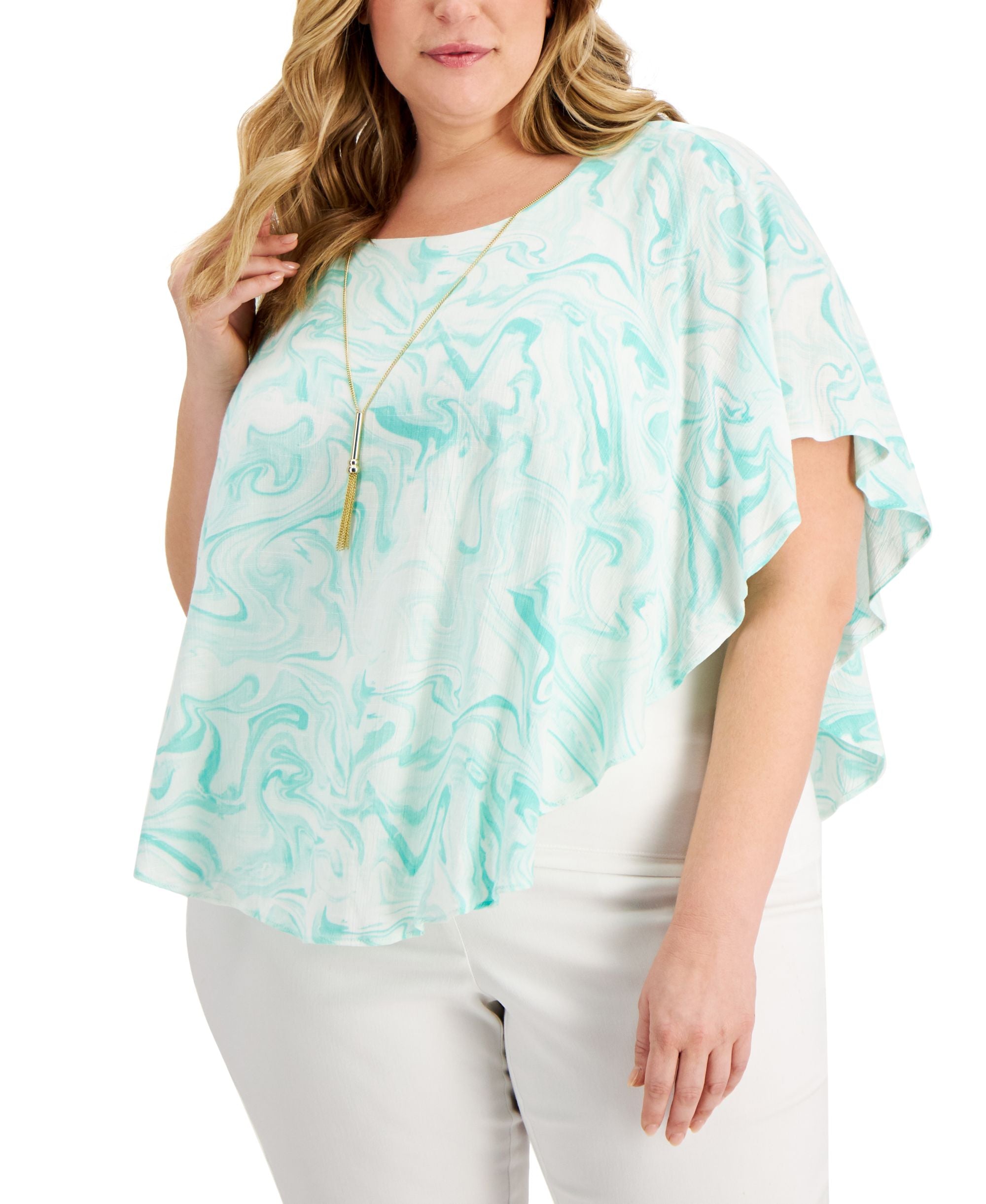 JM Collection Plus Size Printed Necklace Poncho Top