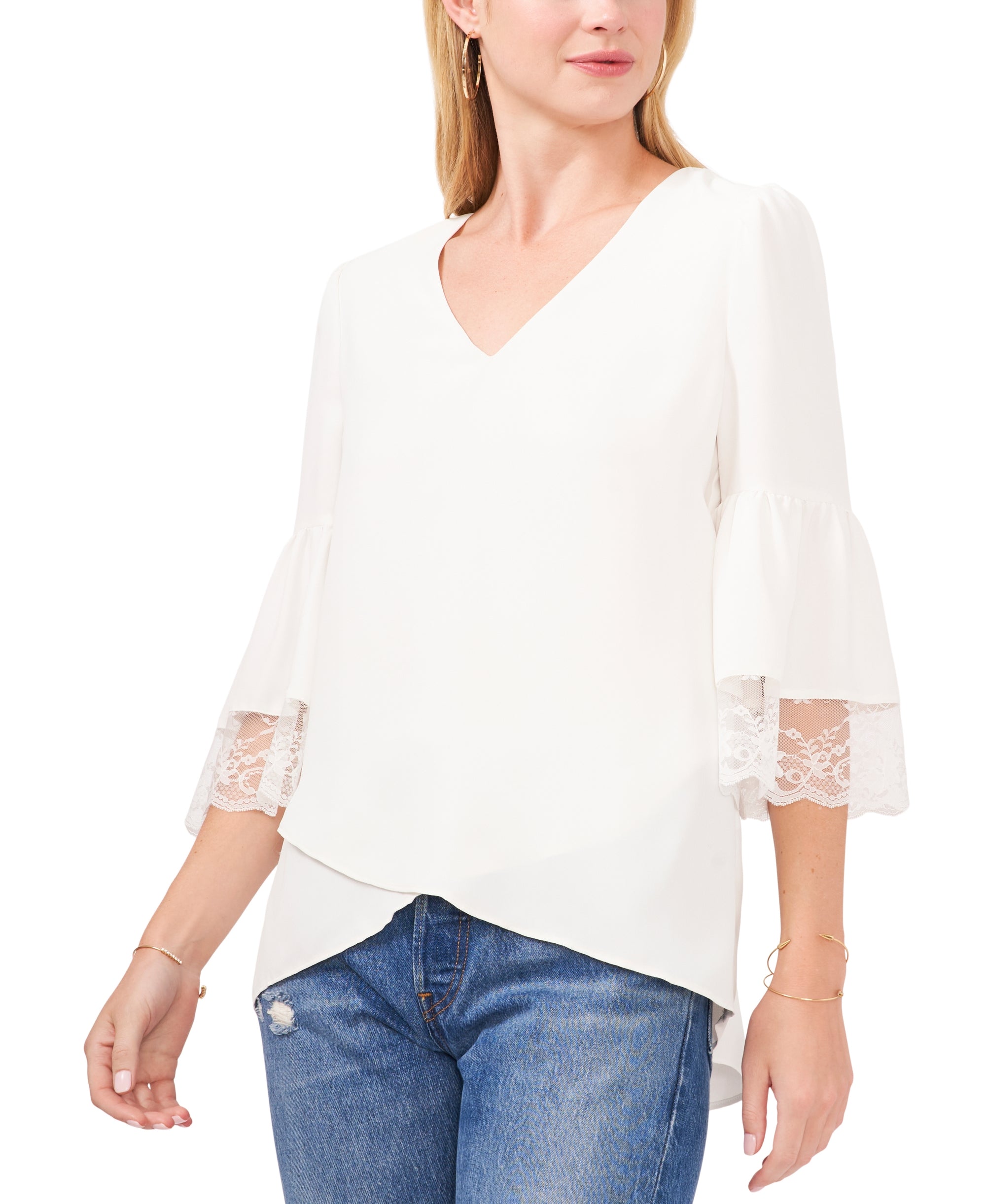 Petite Lace-Sleeve V-Neck Blouse New Ivory PS