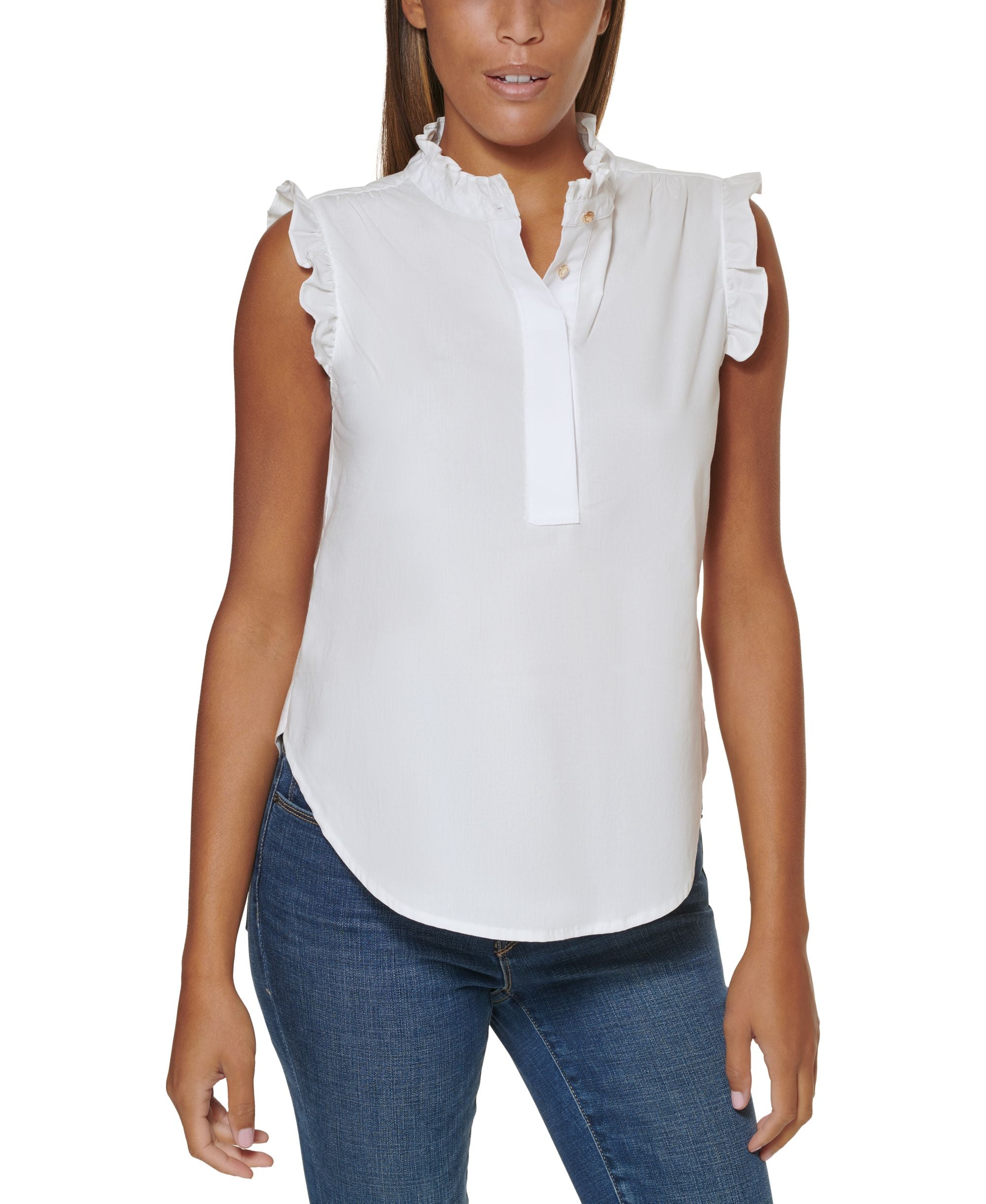 DKNY Petite Ruffle Trim Sleeveless Top