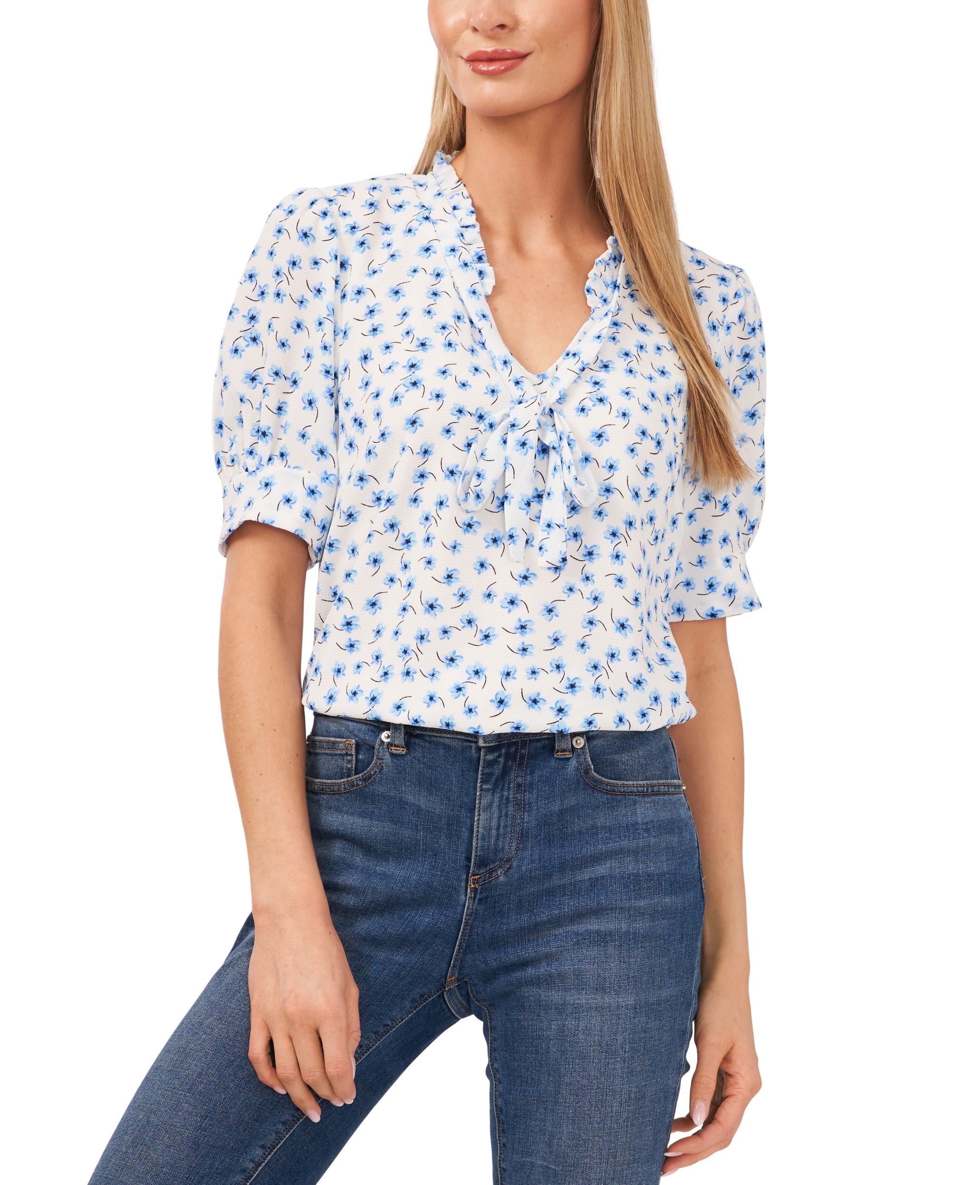 CeCe Petite Printed Puff-Sleeve Blouse
