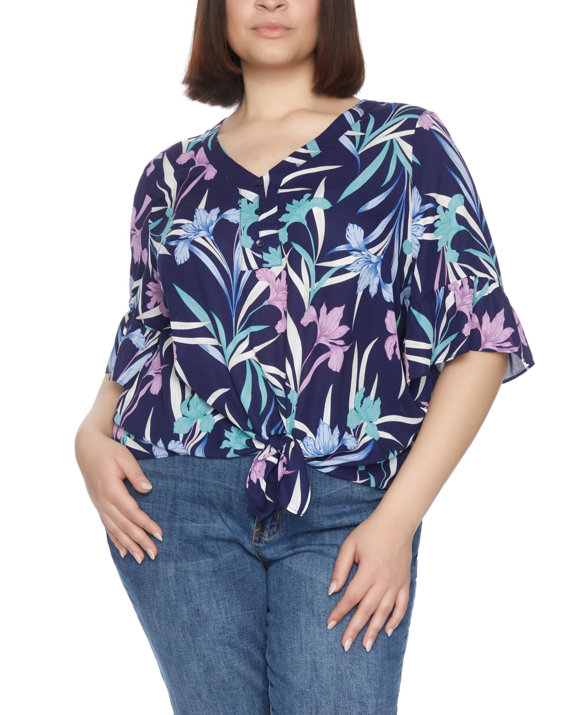 Plus Size Tie Waist Flutter Sleeves Top