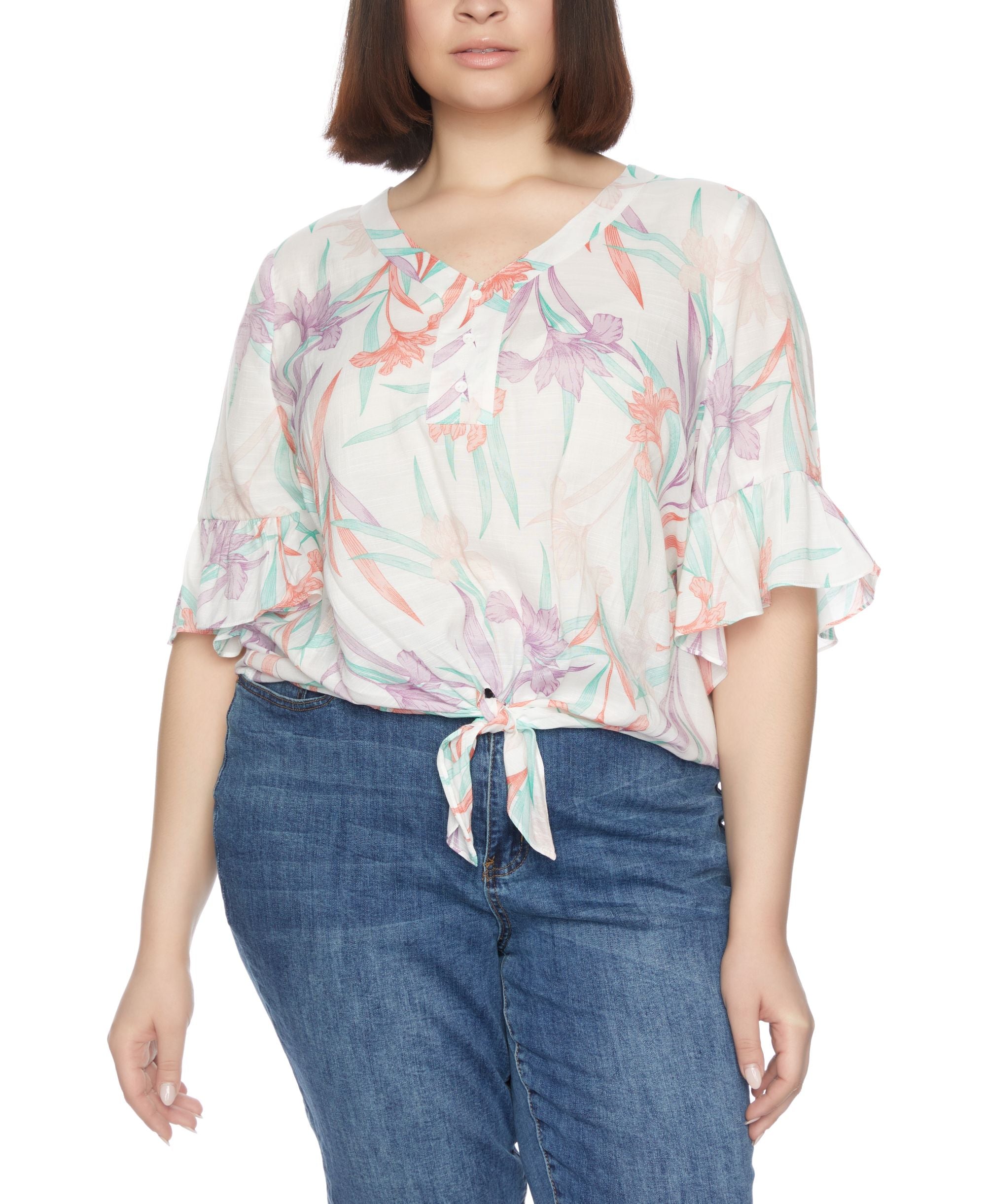 Plus Size Tie Waist Flutter Sleeves Top