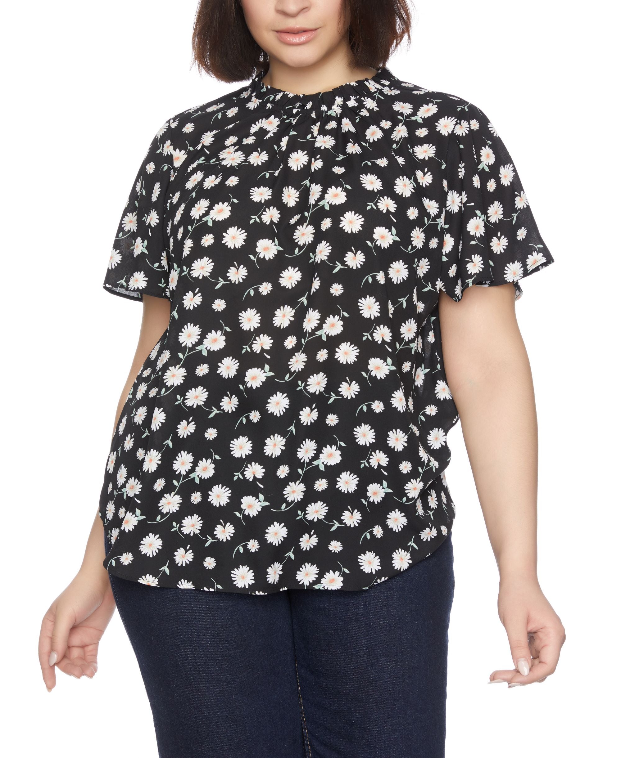 Plus Size Short Sleeve With Ruffle Neck Blouse Top