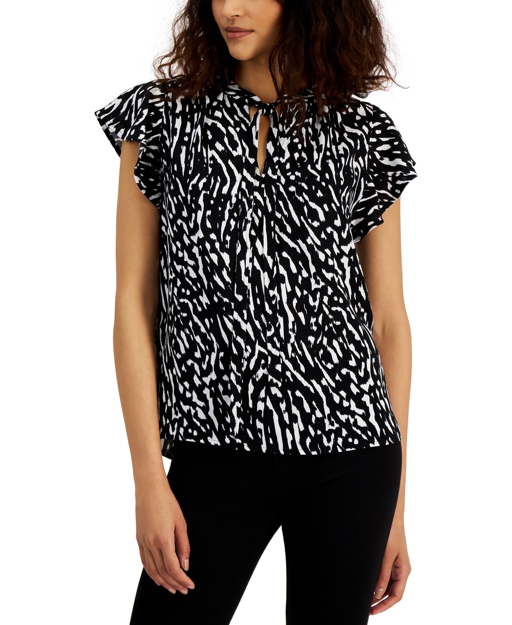 Alfani Womens Tie Neck Flutter Sleeve Top