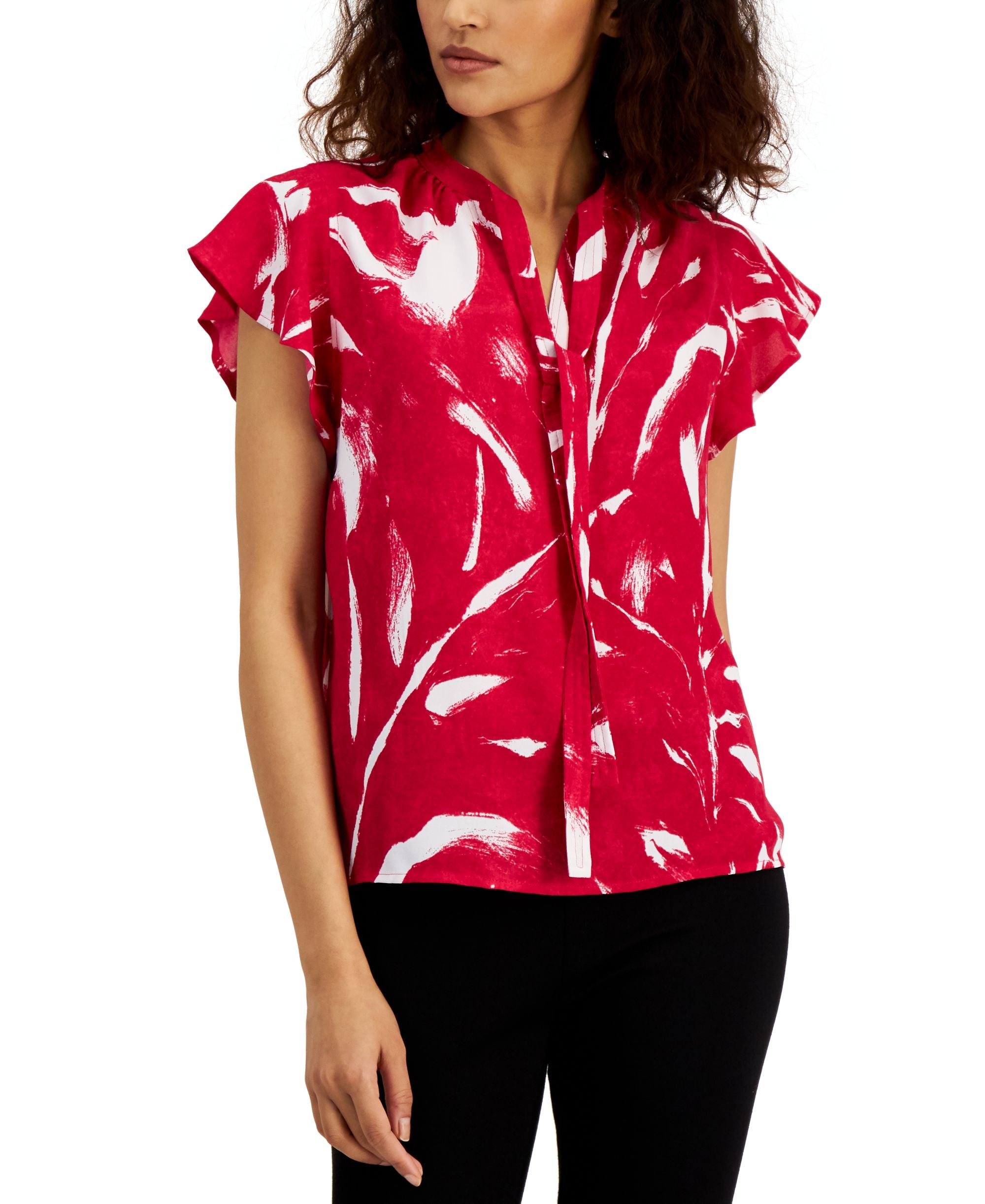 Alfani Womens Tie Neck Flutter Sleeve Top