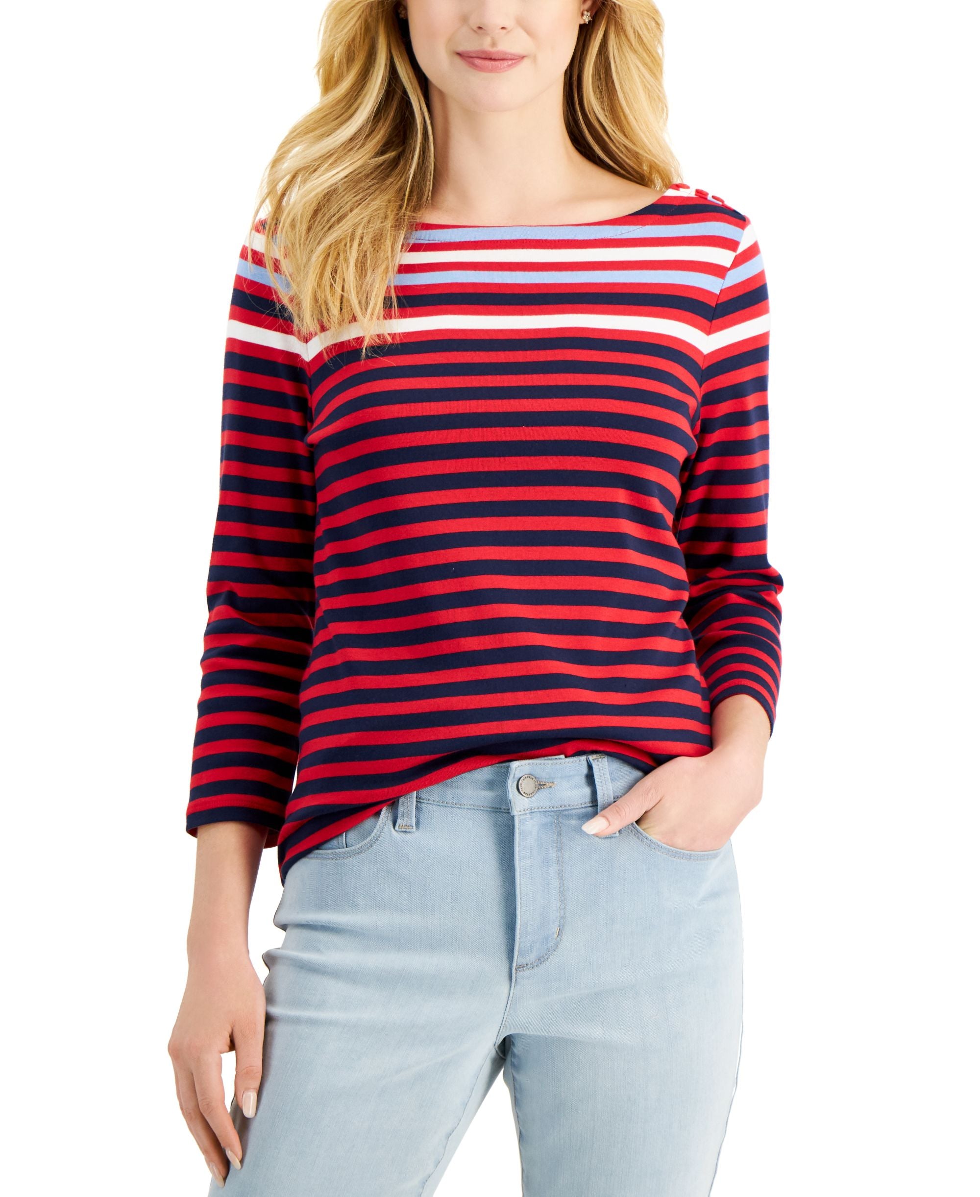 Charter Club Womens Printed Boat Neck 3/4 Sleeve Top