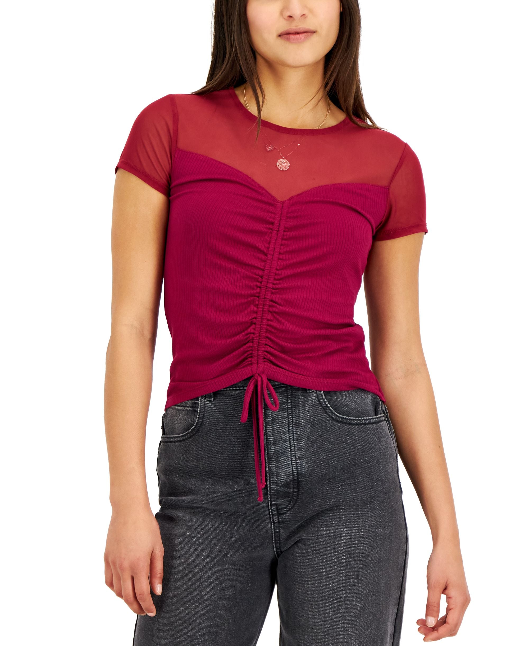 Crave Fame Womens Juniors Ribbed Ruched Pullover Top