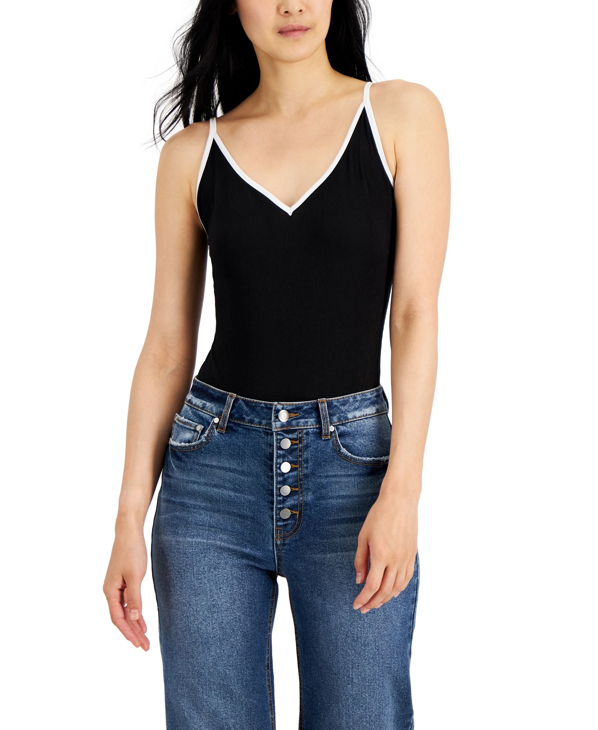 Juniors' Contrast-Trim Ribbed Bodysuit