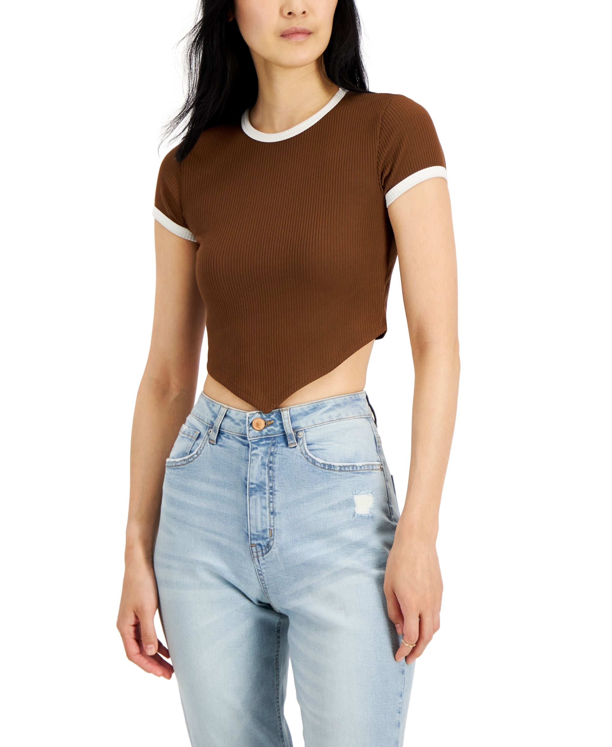 Juniors' Ribbed V-Hem T-Shirt