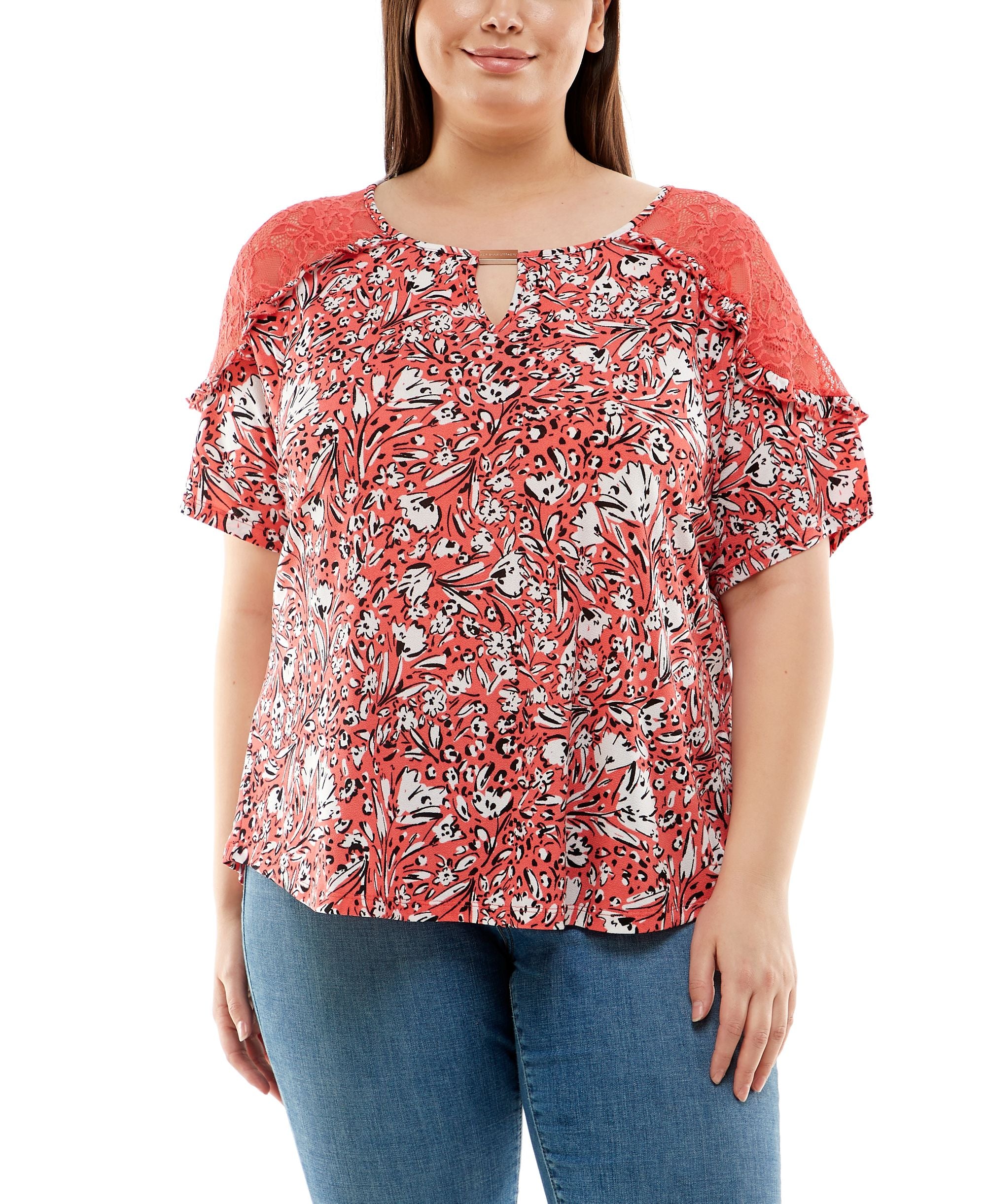 Plus Size Short Sleeve With Lace Shoulders Top