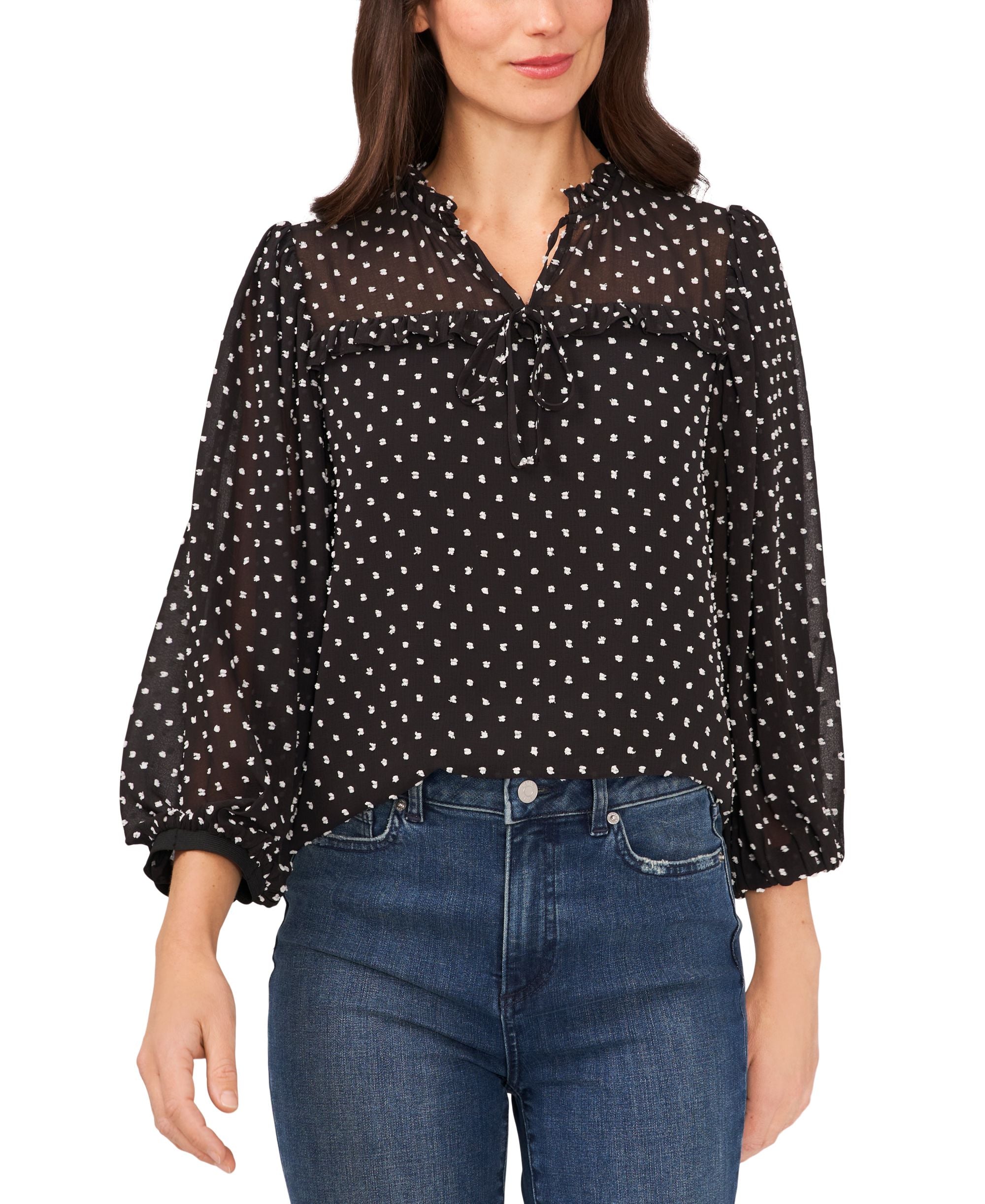 Women's Long Sleeve Contrast Clip-Dot Pleated Blouse