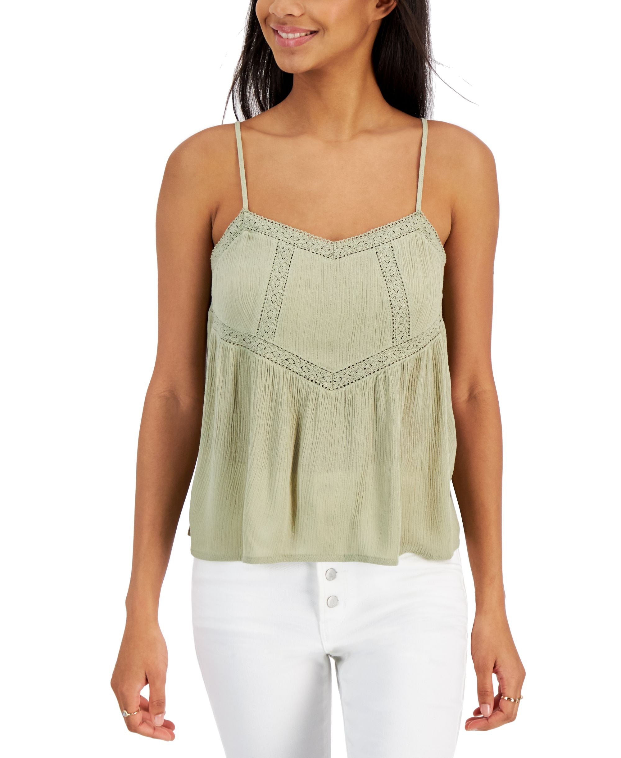 Juniors' Crochet-Trim Gauze Sleeveless Top
