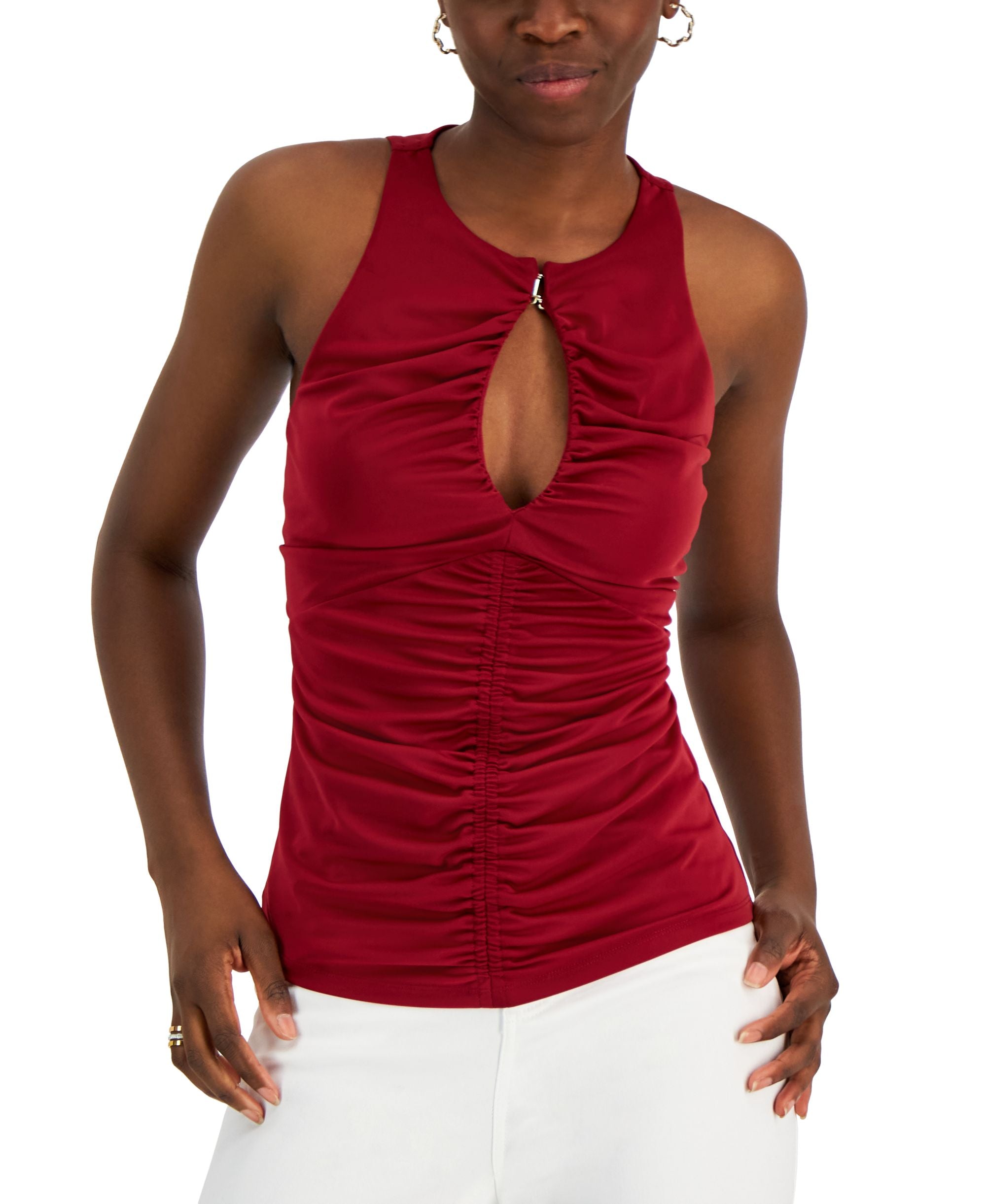 INC International Concepts Womens Ruched Keyhole Top