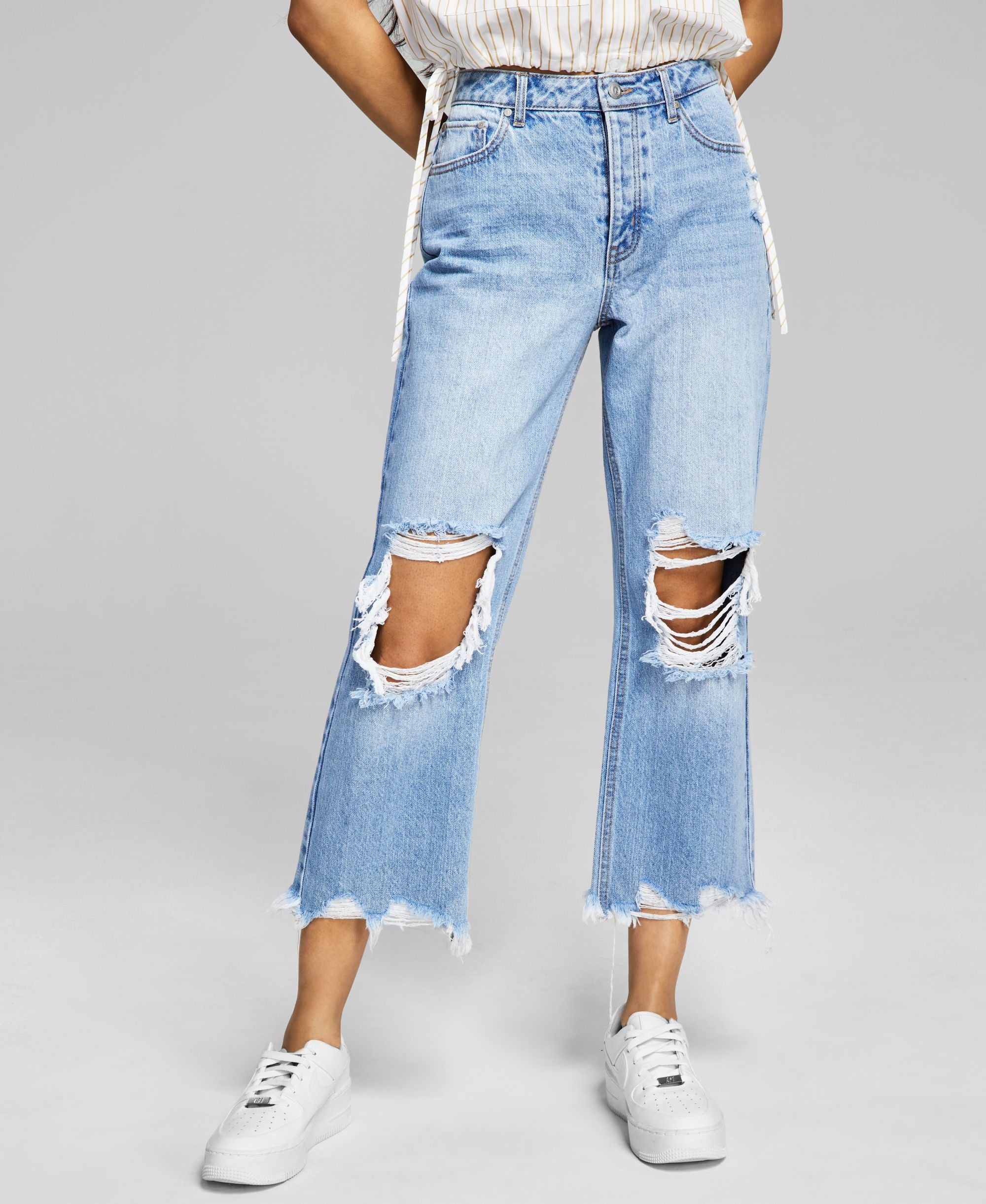 Now This Womens Cotton Ripped Cropped Wide Leg Jeans