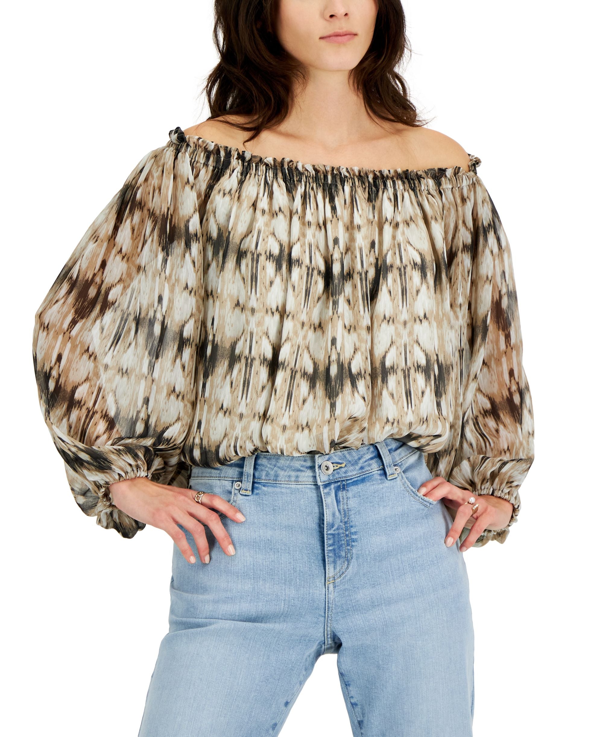 INC International Concepts Womens Off The Shoulder Printed Top