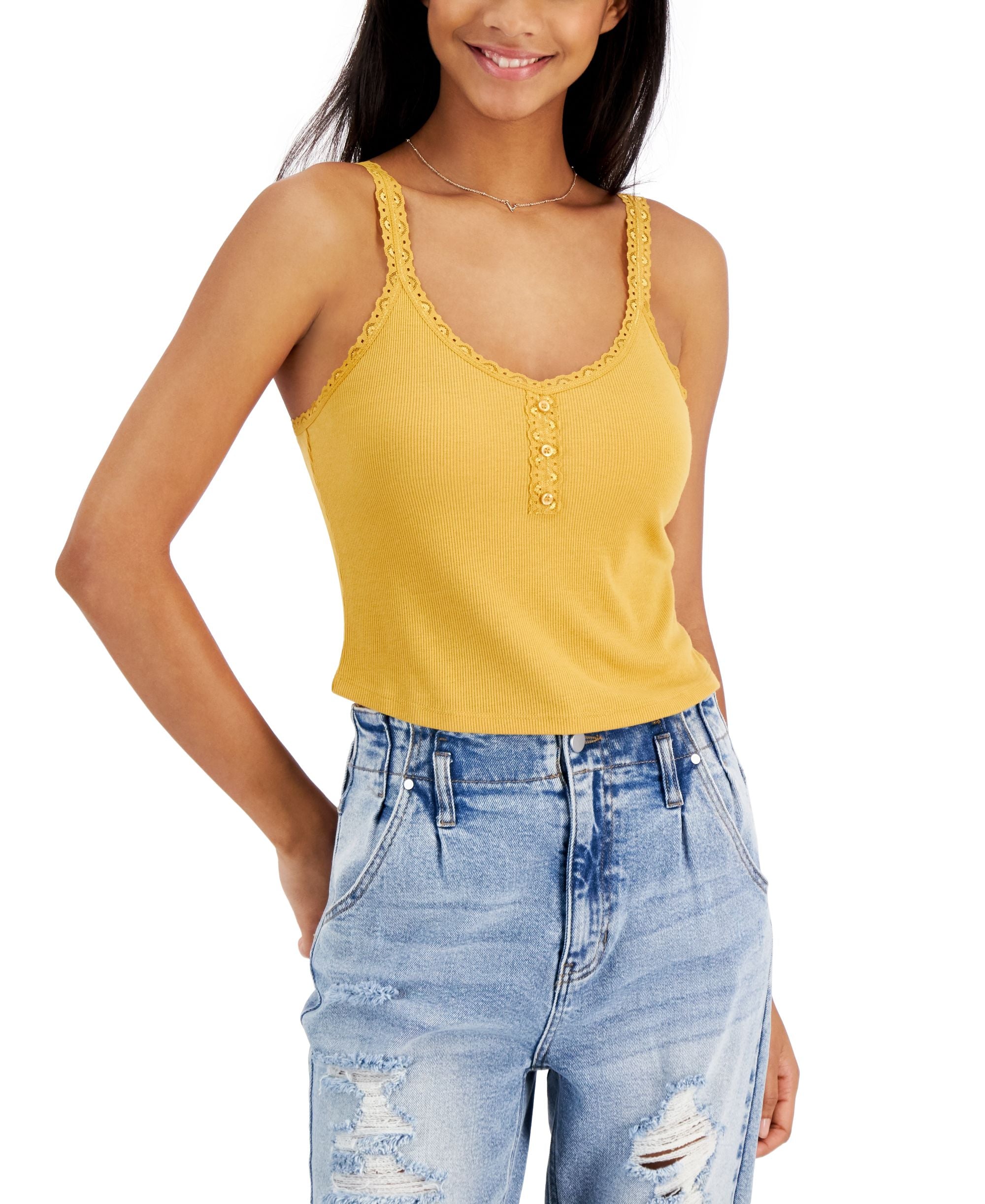 Juniors' Ribbed Henley Tank Top
