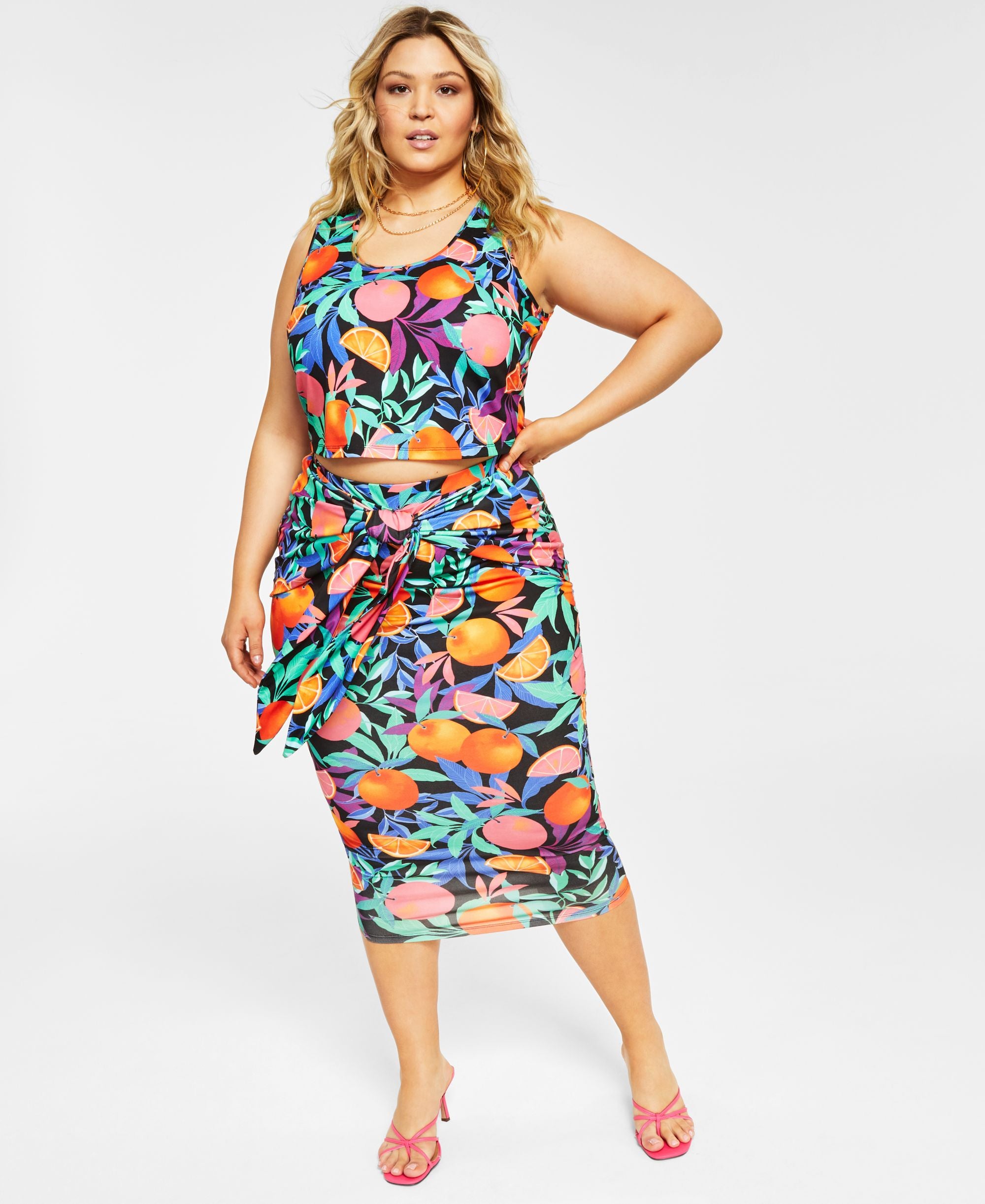 Nina Parker Trendy Plus Size Printed Tie Front Midi Skirt