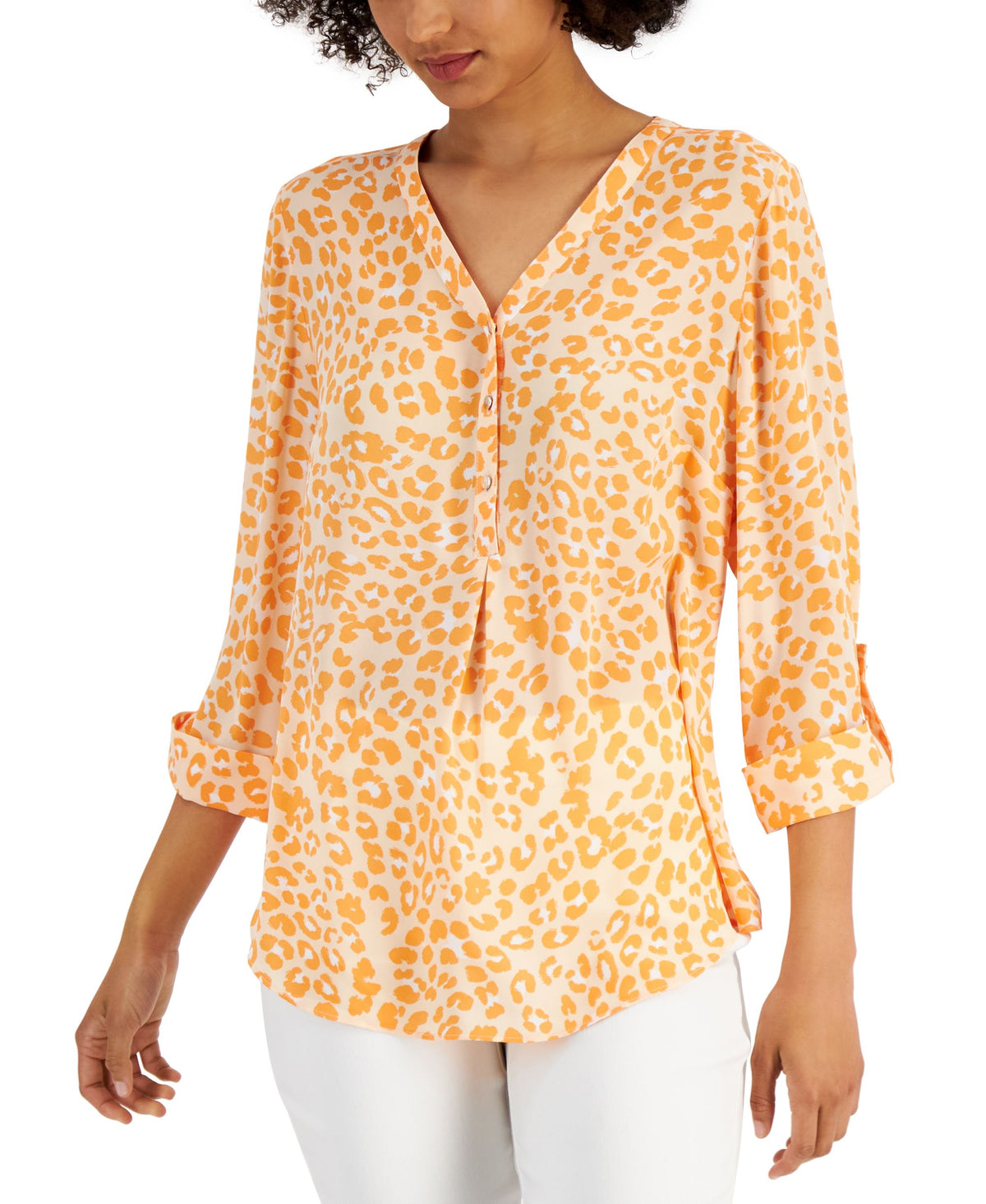 JM Collection Petite Printed Roll Tab Sleeve Top