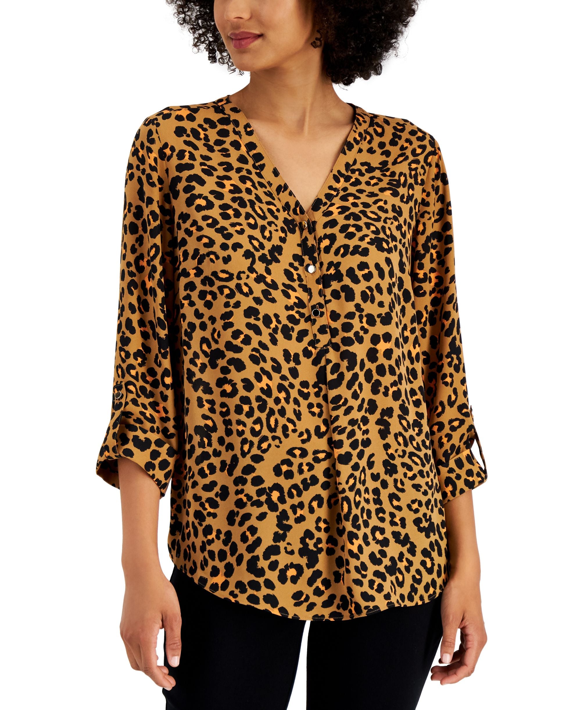 JM Collection Womens Printed V Neck Top