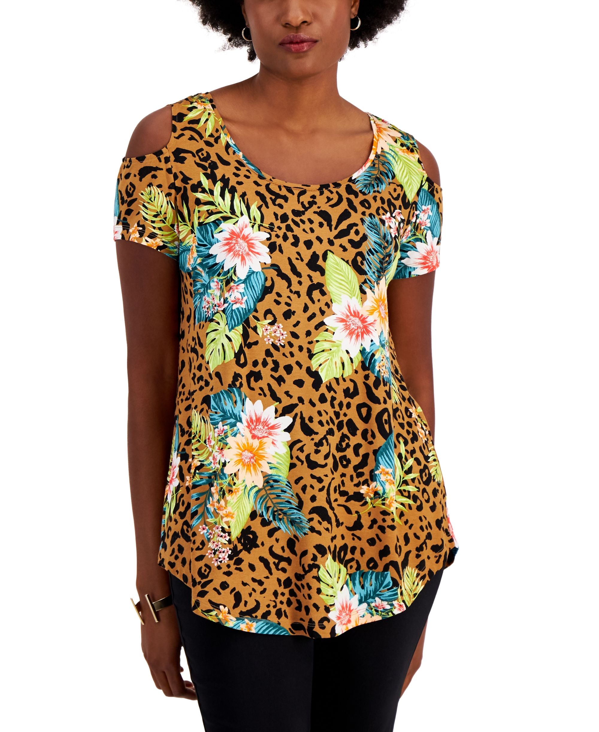 JM Collection Womens Tropical Wilderness Cold Shoulder Top