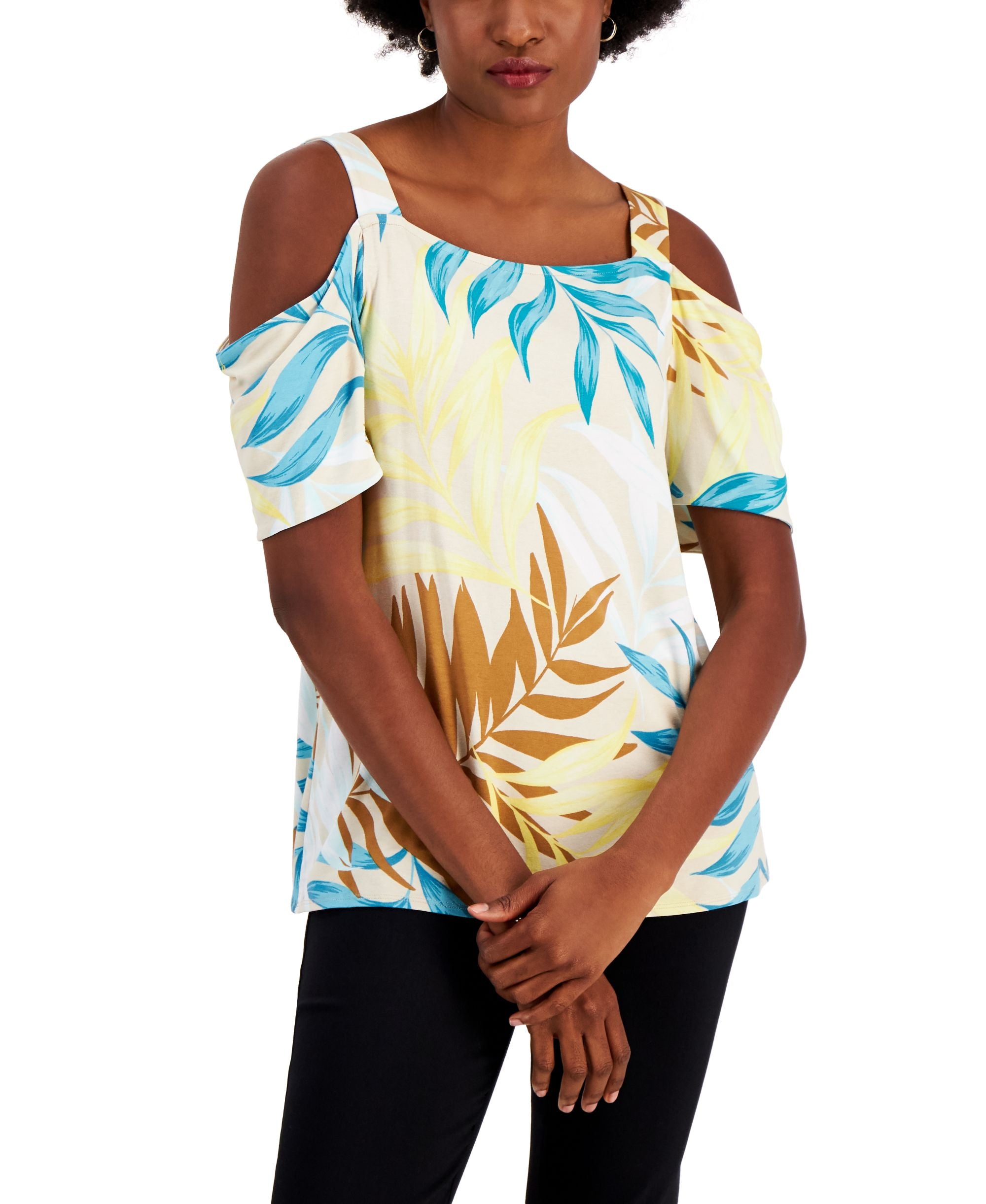 JM Collection Womens Fern Map Cold Shoulder Top