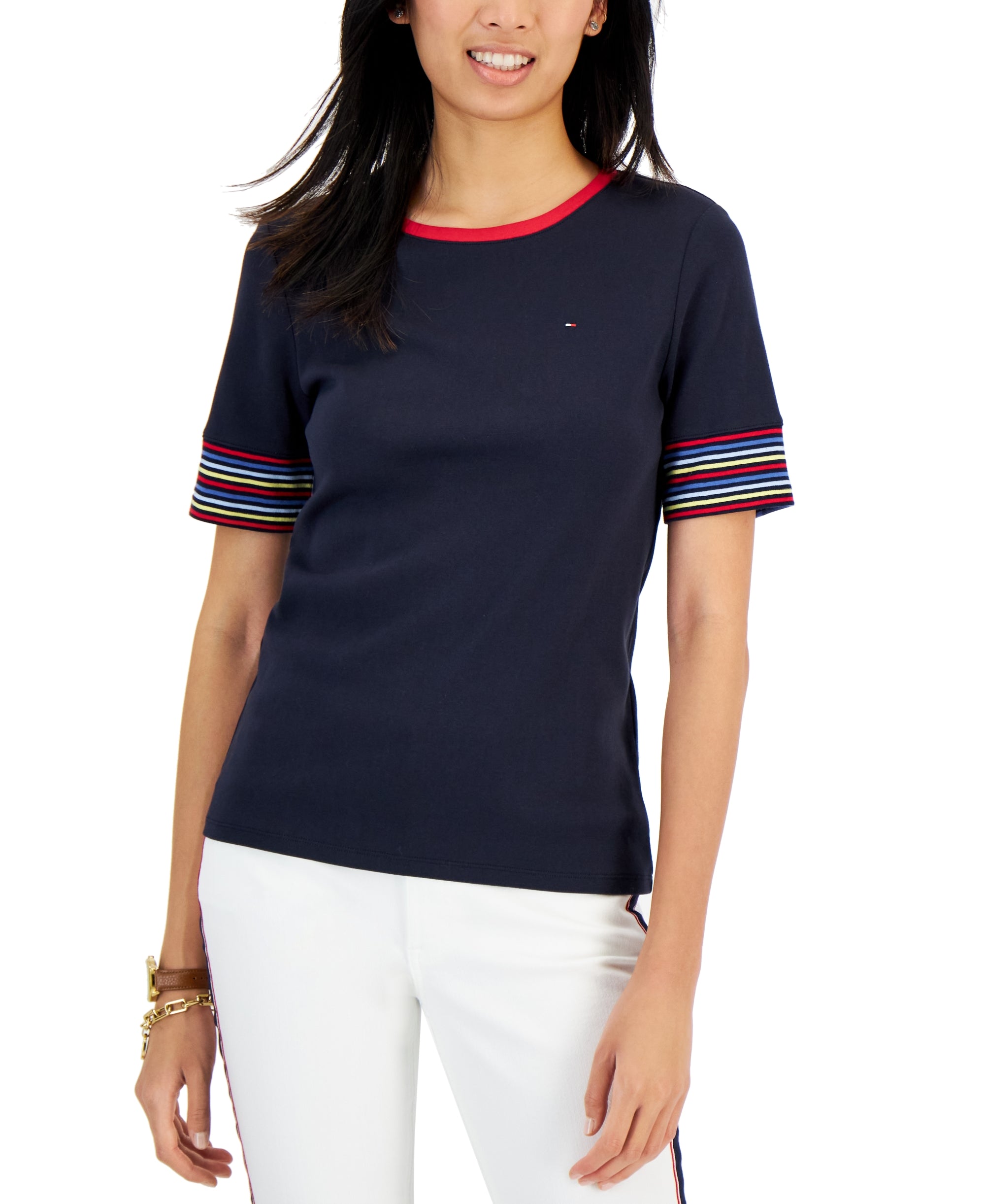 Women's Cotton Striped-Sleeve T-Shirt