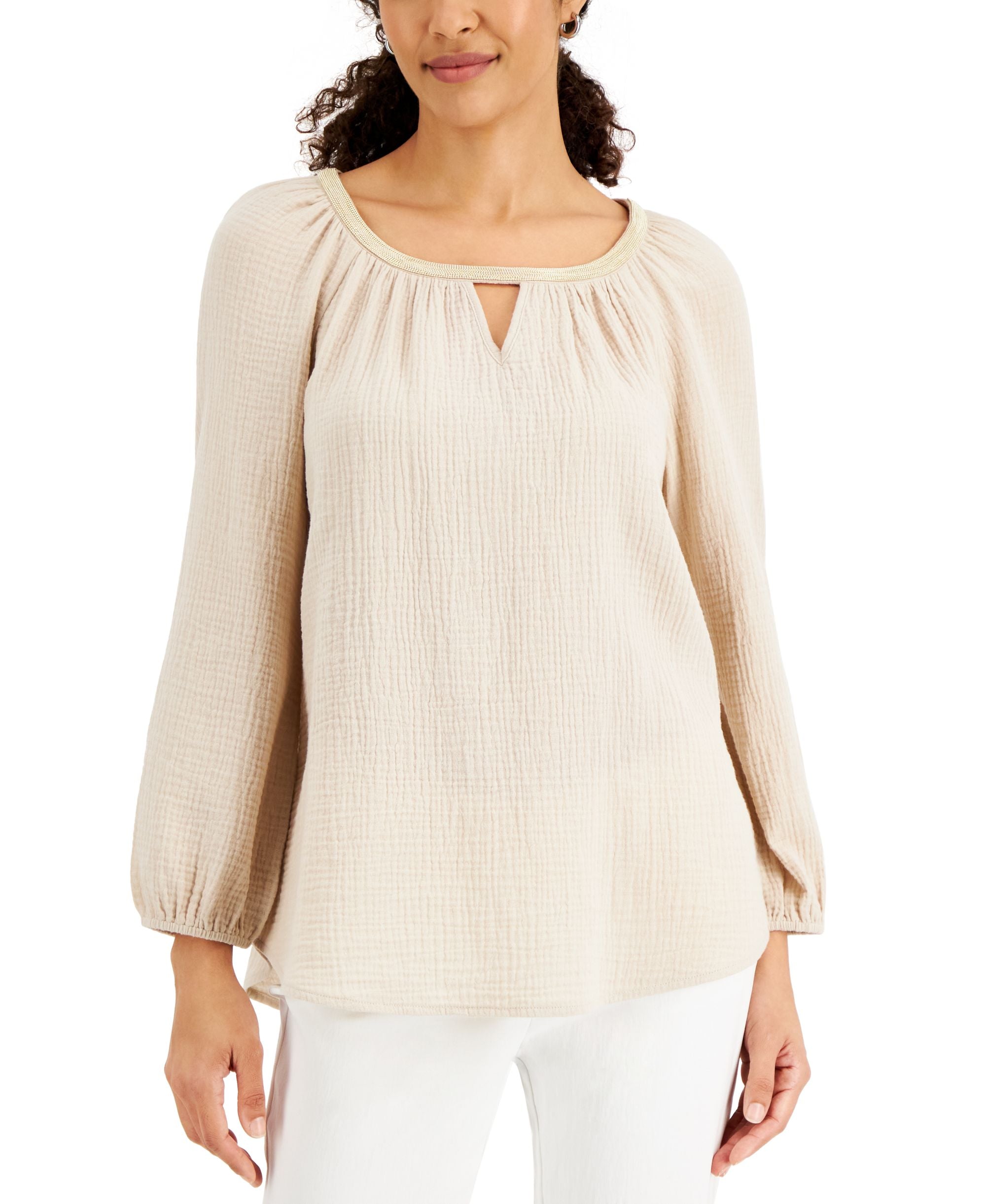 JM Collection Cotton Beaded Neck Top