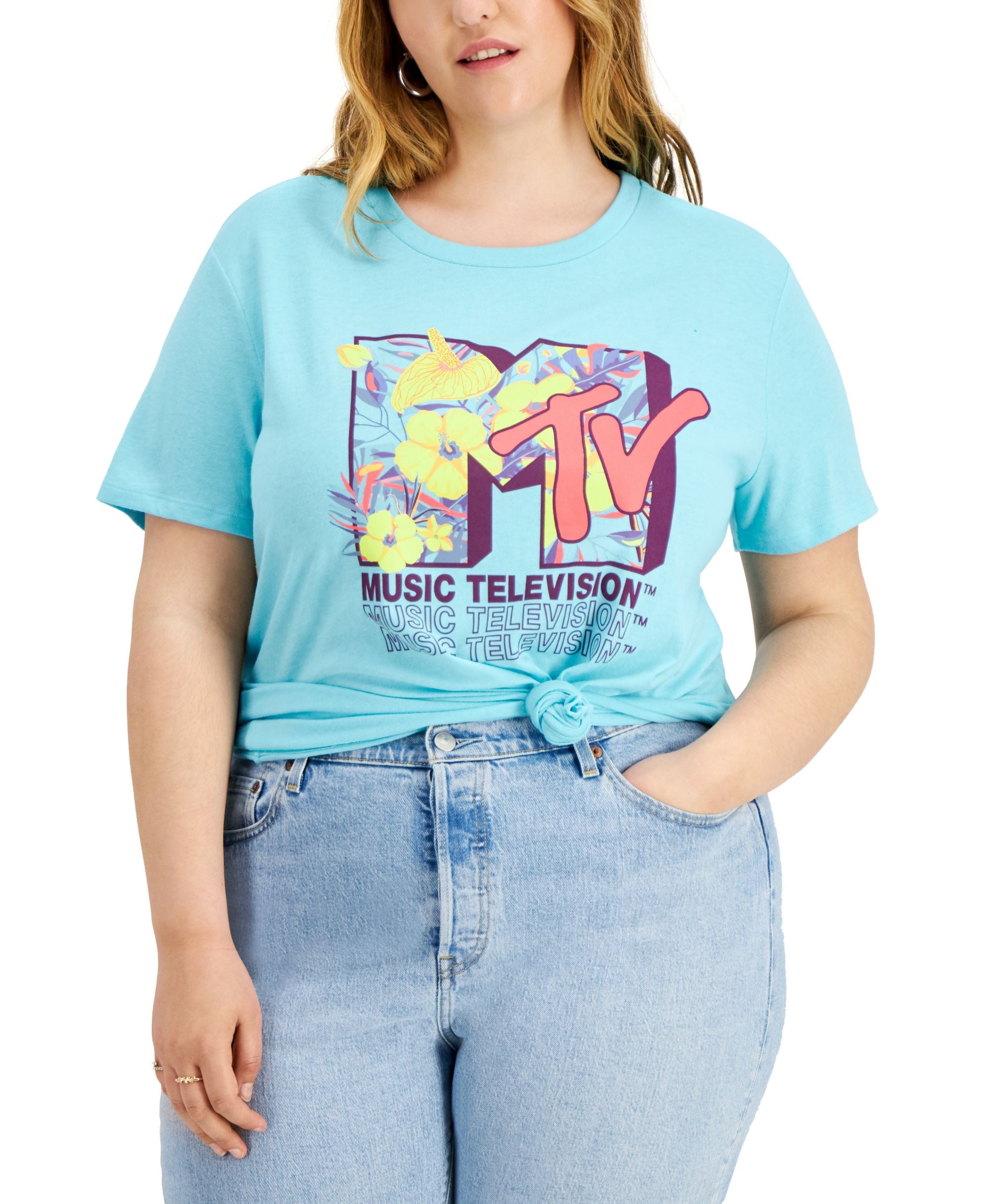 Trendy Plus Size MTV Neon Floral Graphic T-Shirt