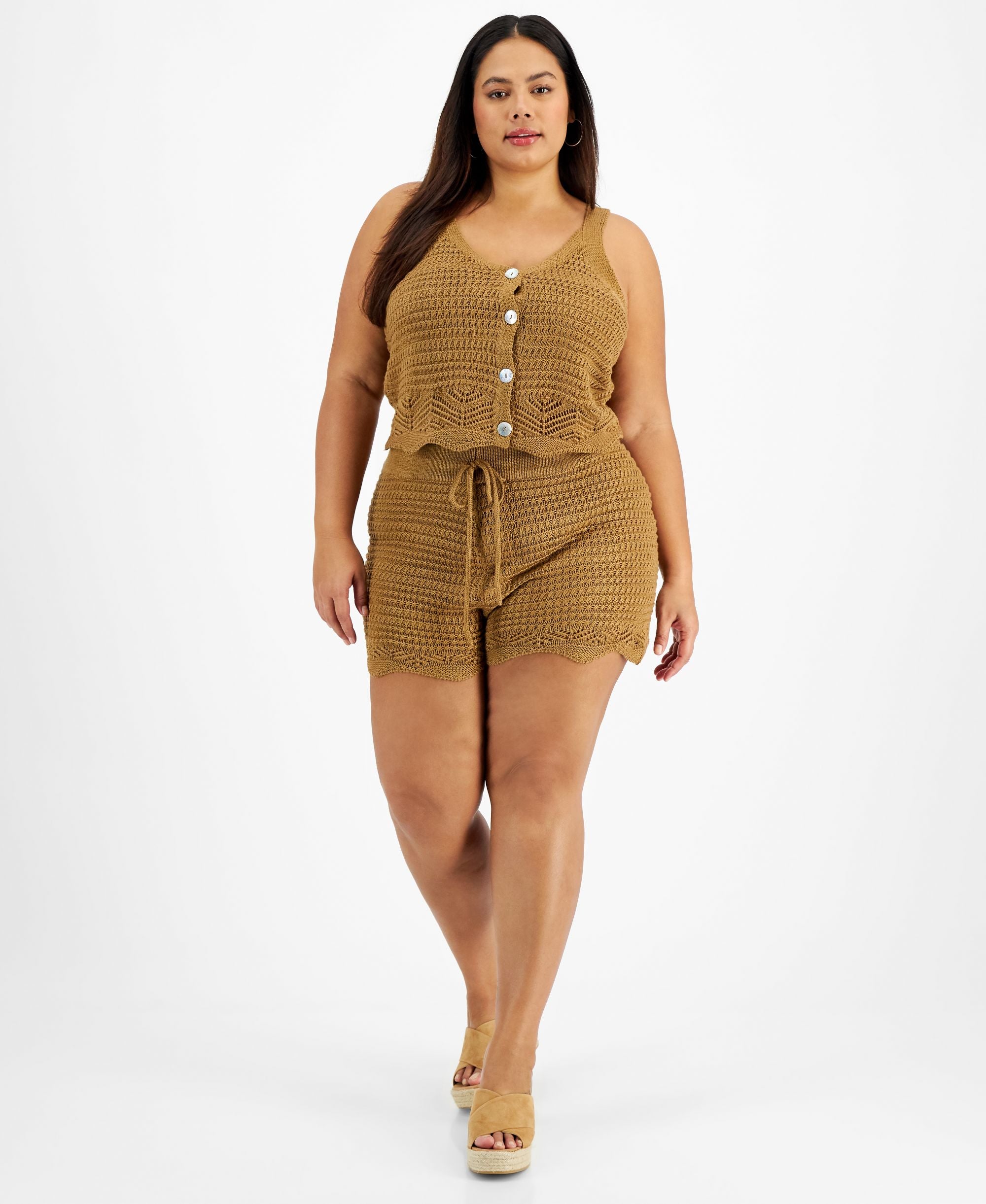 Trendy Plus Size Crochet Tank Top & Shorts Set