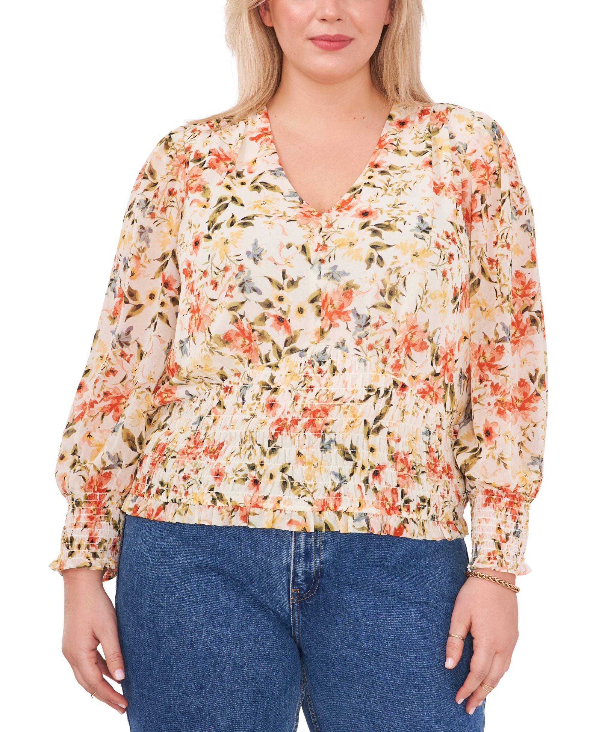1.State Trendy Plus Size Printed Smocked Waist Top