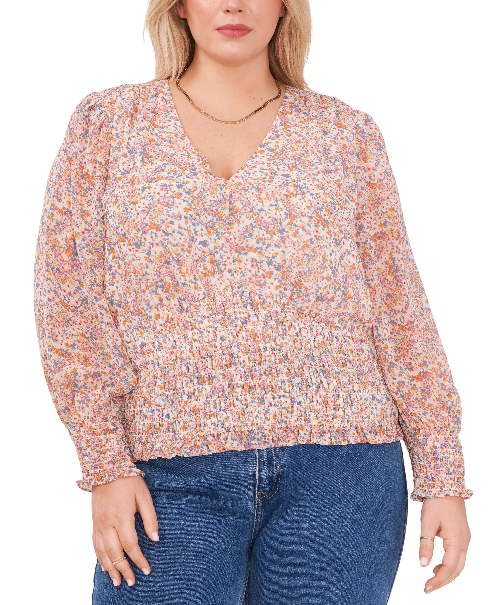 1.State Trendy Plus Size Printed Smocked Waist Top