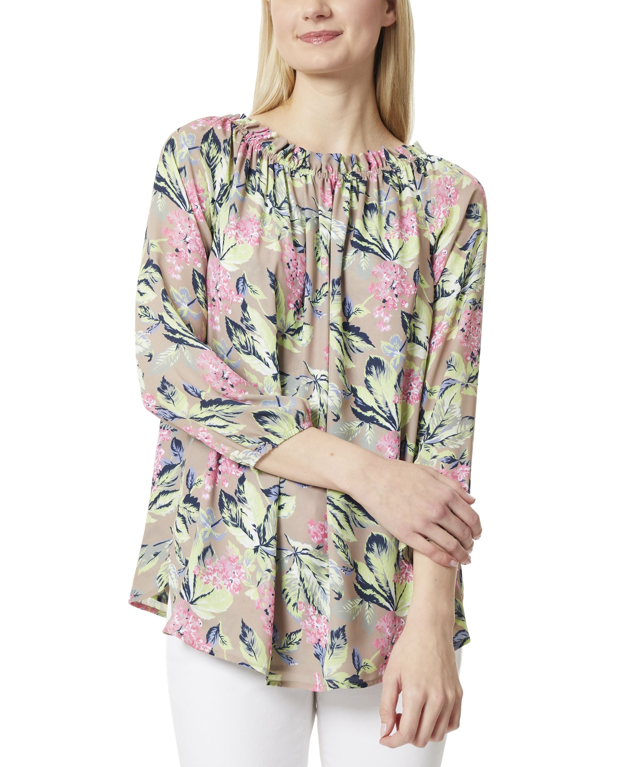 Womens Smocked Neckline Blouse Top With Elastic Cuff Sleeves