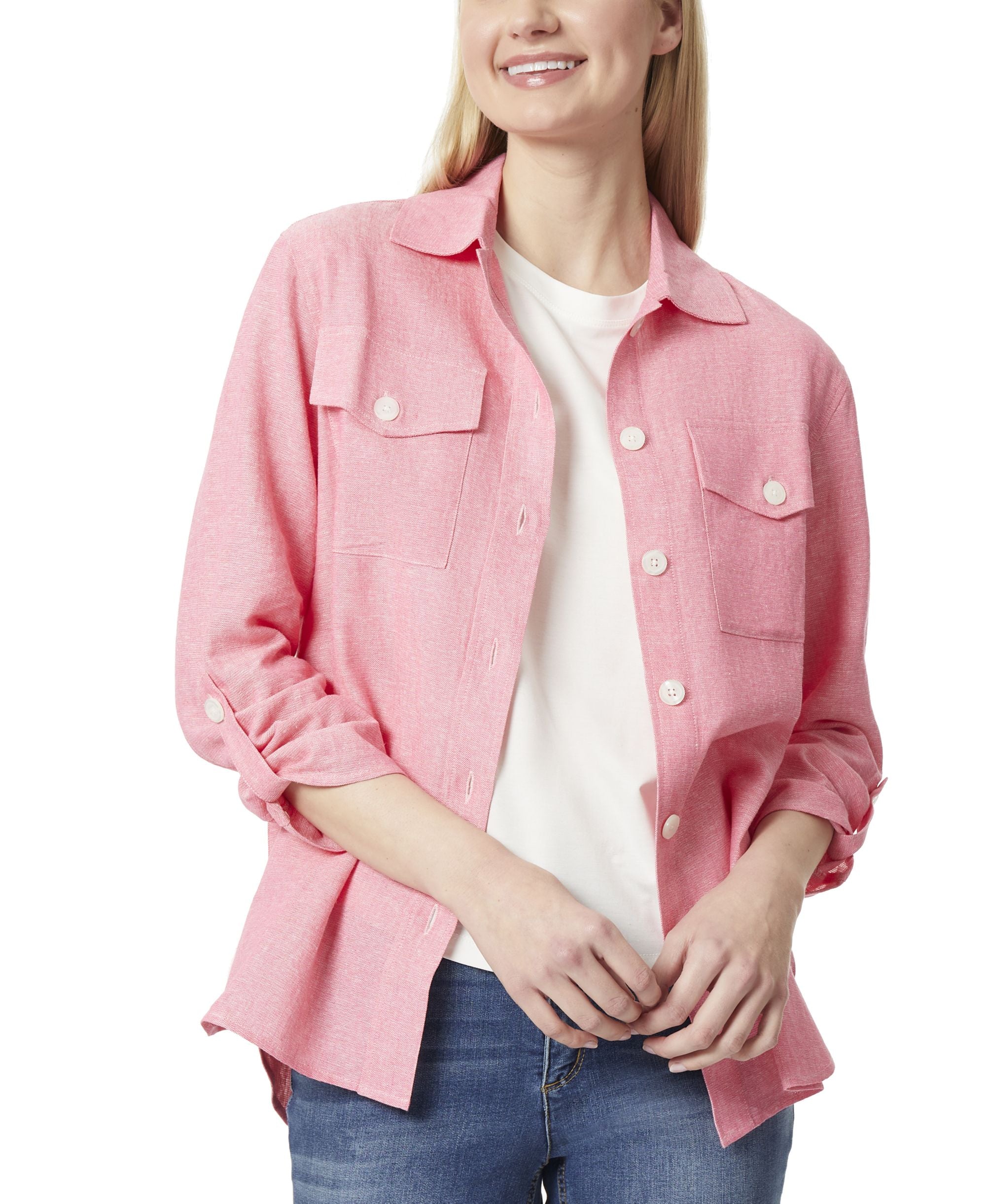Jones New York Womens Button-down Rolled Sleeve Shacket Jacket