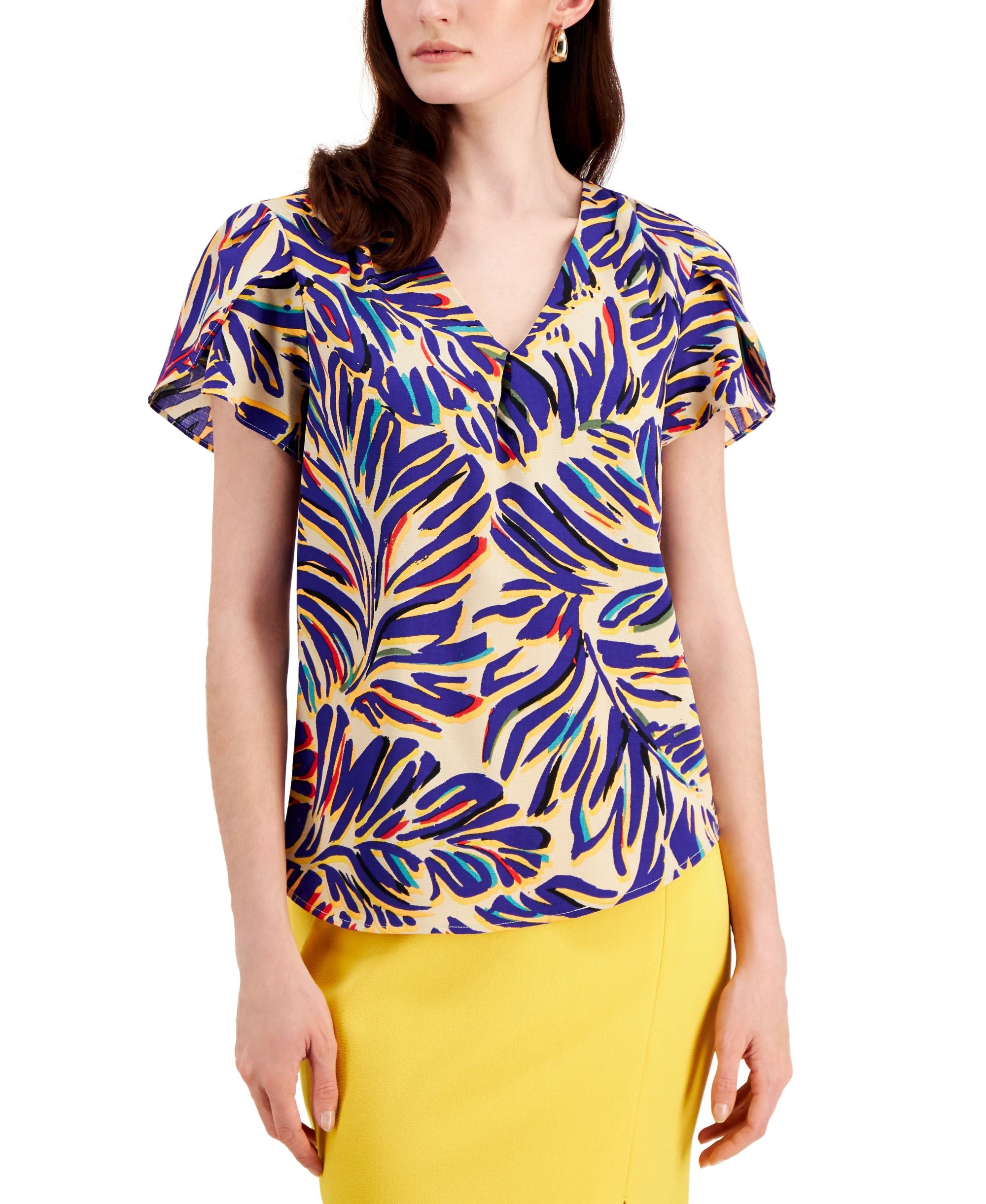 Tahari Asl Womens Tulip Sleeve V Neck Blouse