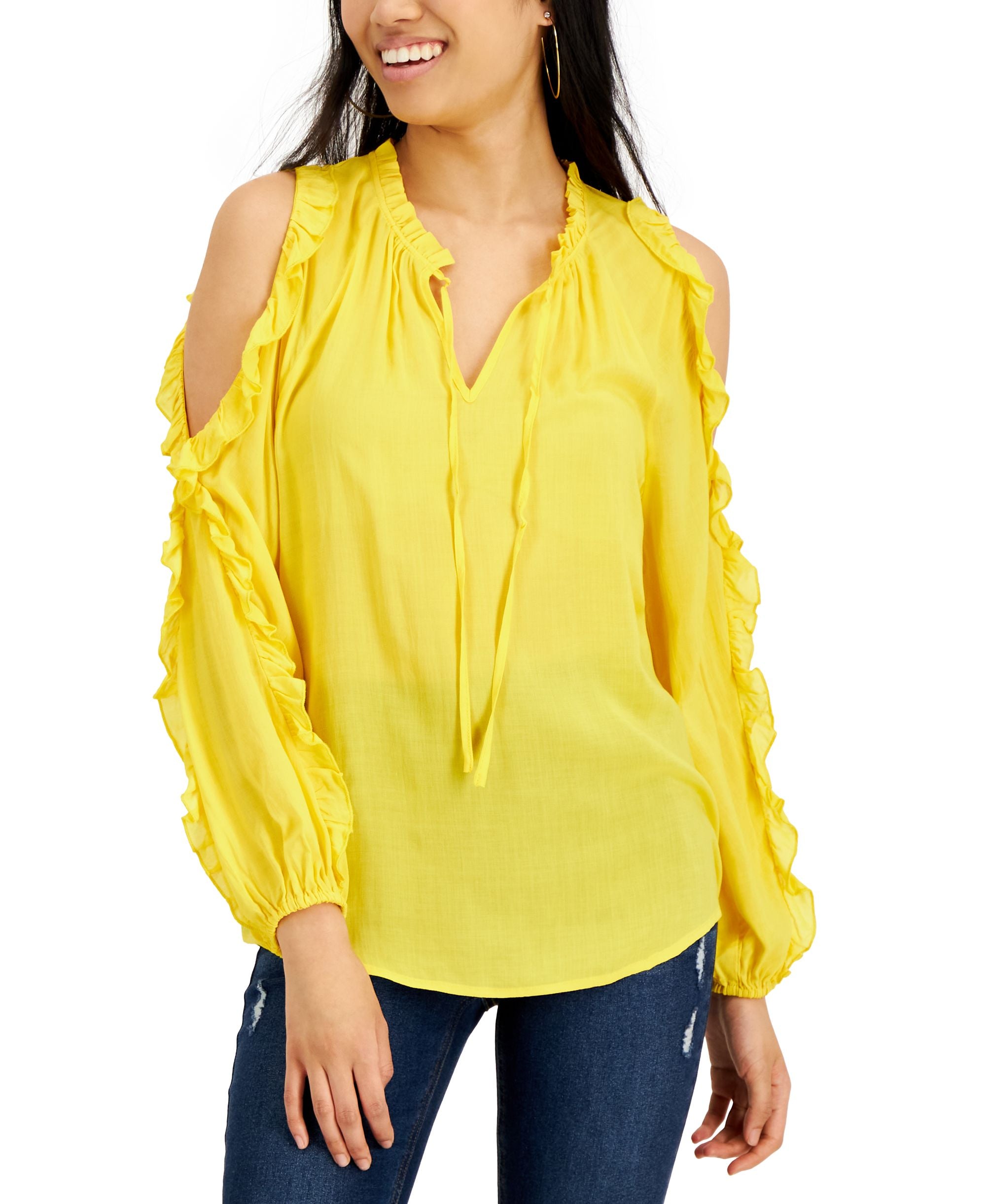 Willow Drive Ruffled Cold Shoulder Top